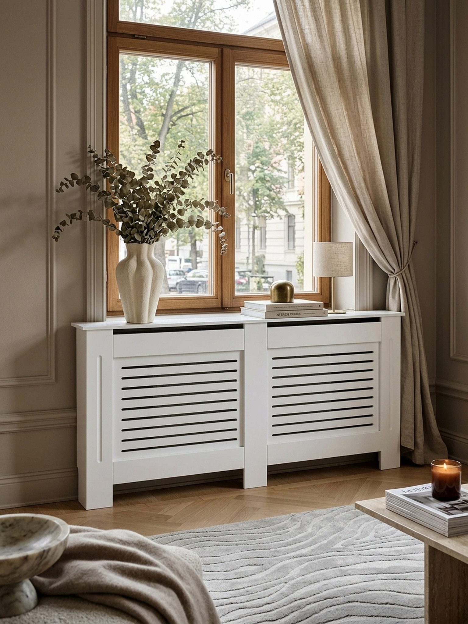 KADIMA DESIGN Heizungsverkleidung Heizkörperabdeckung mit Lamellenmuster, Raumaufwertung & Eleganz, MDF – Bild 2 von 5
