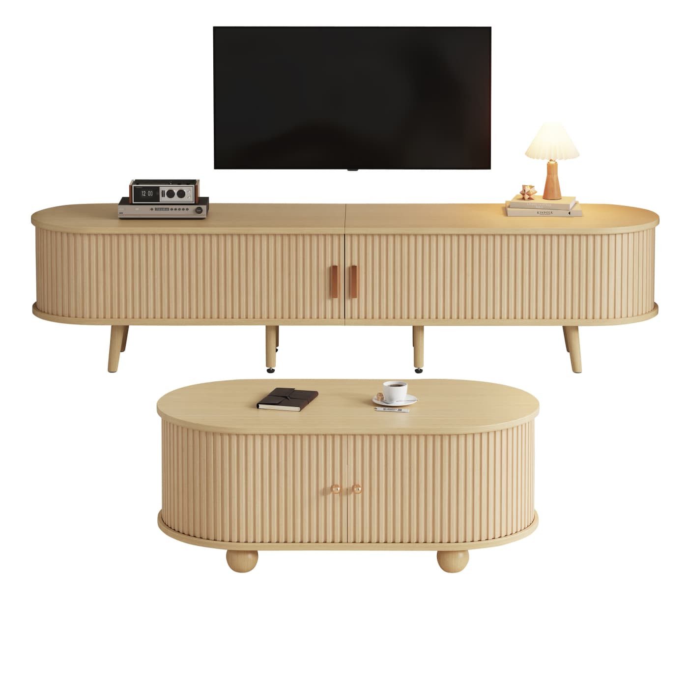 autolock TV-Schrank Wohnzimmer-TV-Schrank mit Stauraum + Couchtisch-Kombination wohnzimmertisch,ovale Kombination in Originalholzfarbe, MDF