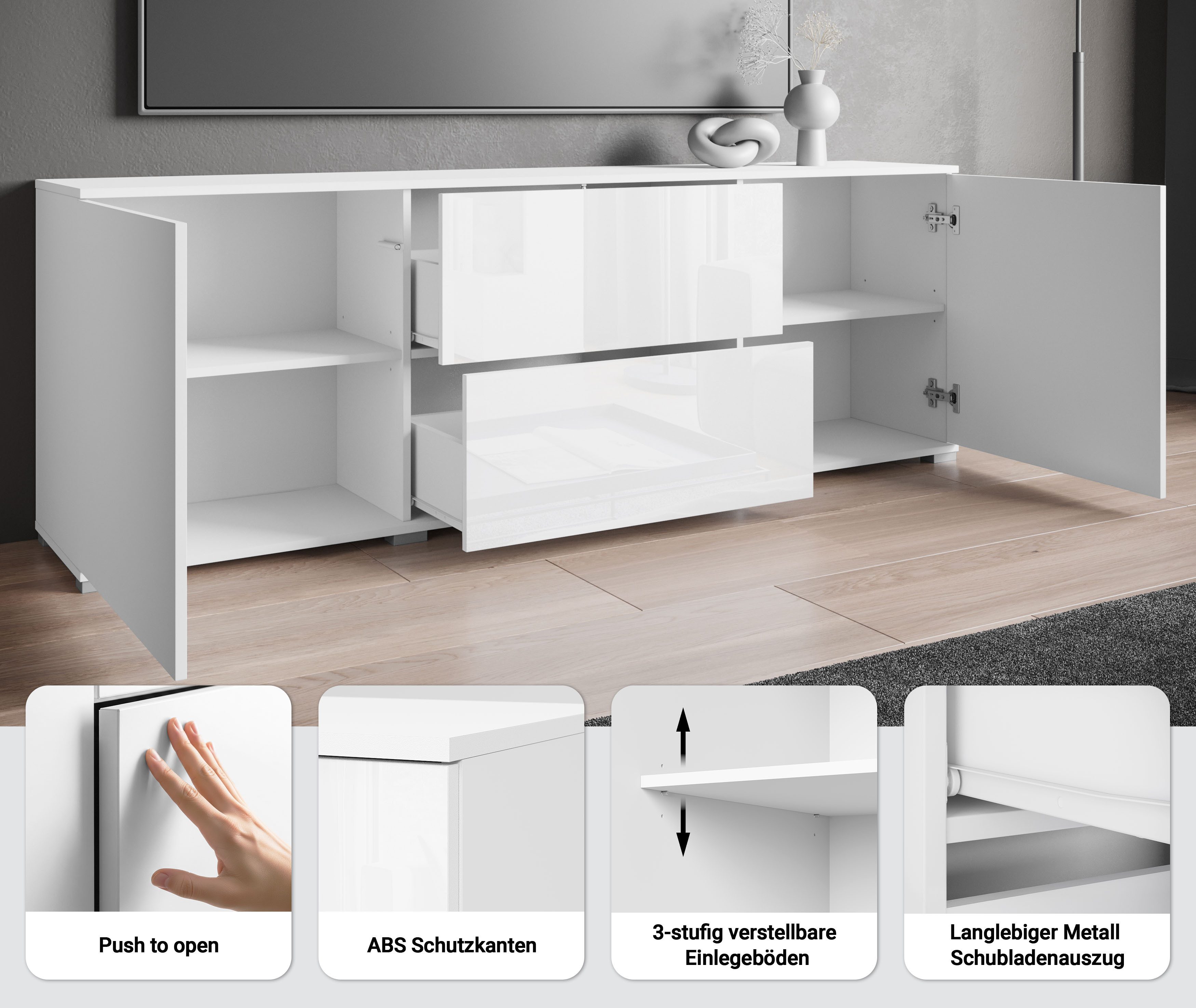 OTTO home Lowboard Kenia (1 St), 2 Türen, 2 Schubladen, Breite 180 cm, höhenverstellbare Einlegeböden