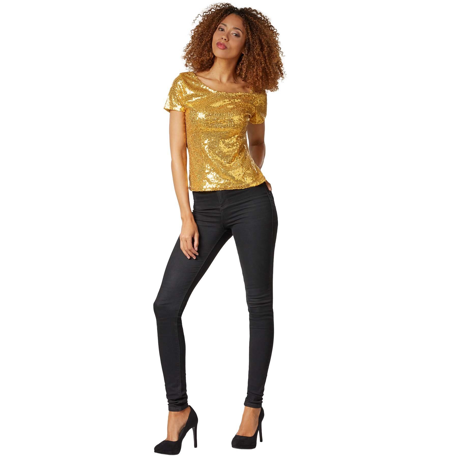 dressforfun T-Shirt Kurzarmtop, Damen-Shirt mit kurzen Ärmeln und Rundhalsausschnitt (Freizeitoberteil, Konfektionsgröße XL in gold) Vorn mit glänzenden Paillet – Bild 3 von 5