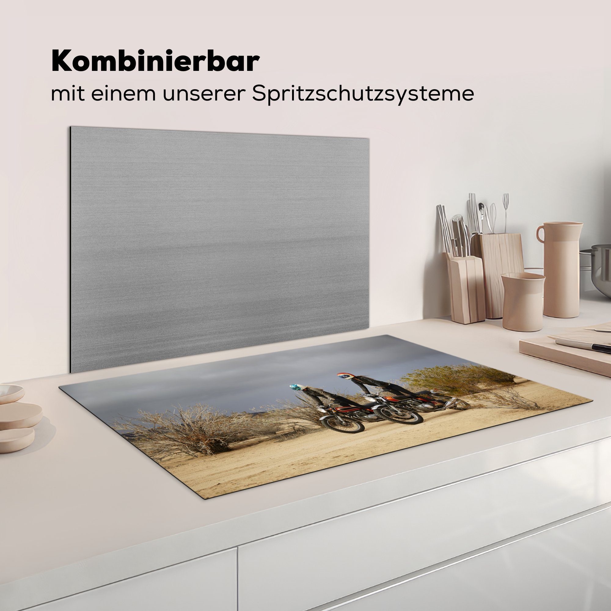 Arbeitsplatte Zwei Herdblende-/Abdeckplatte der in für tlg), cm, Vinyl, Ceranfeldabdeckung, (1 küche MuchoWow Wüste, Motorräder 83x51