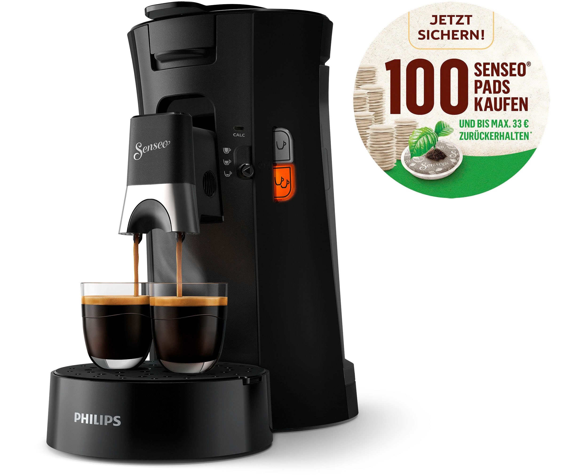 Philips Senseo Kaffeepadmaschine Select CSA230/69, mit drei Kaffee-Einstellungen, aus 21% rec. Plastik, 100 Senseo Pads kaufen und bis zu 33 € zurückerhalten