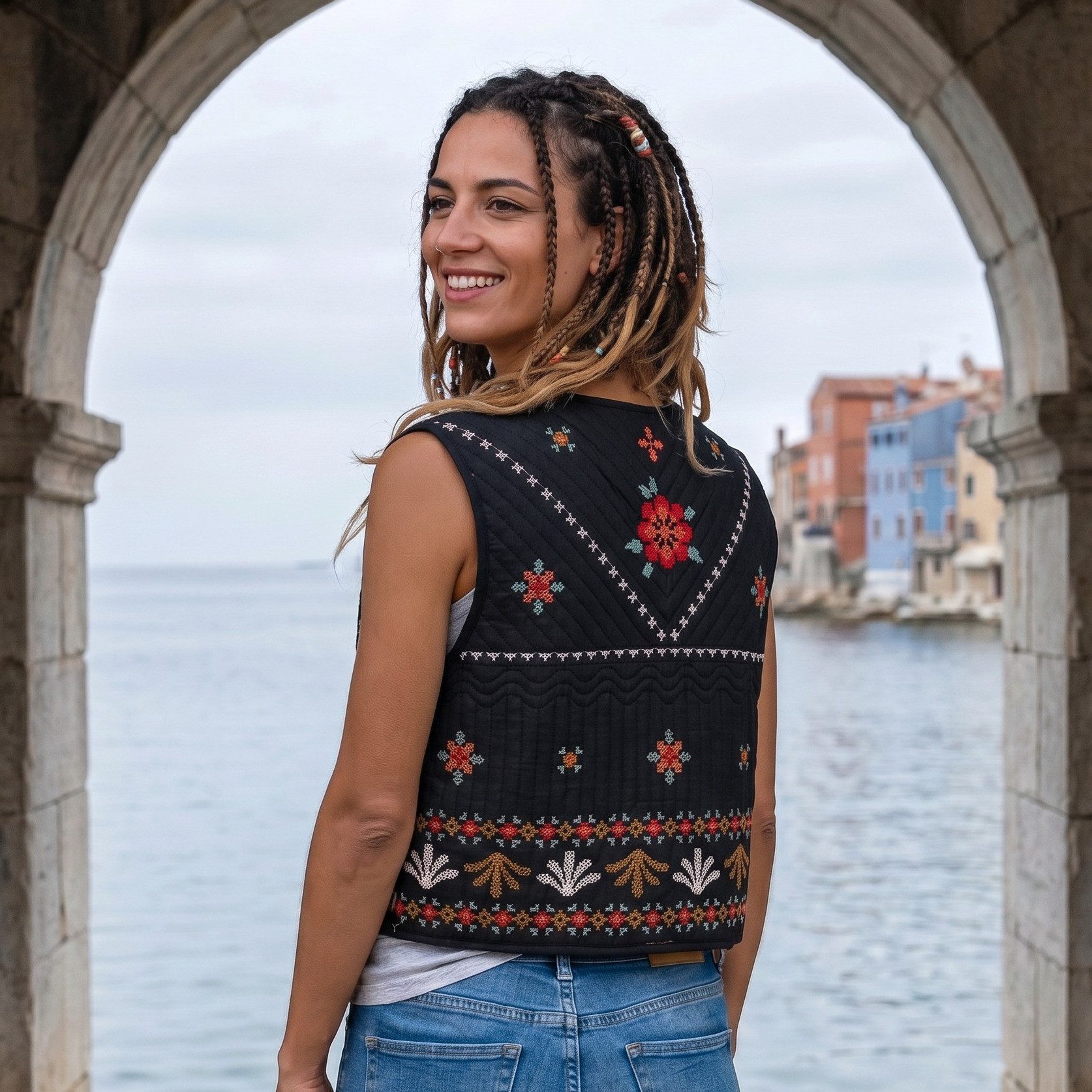 Guru-Shop Langjacke Vintage Boho Steppweste, Folklore Weste - schwarz alternative Bekleidung