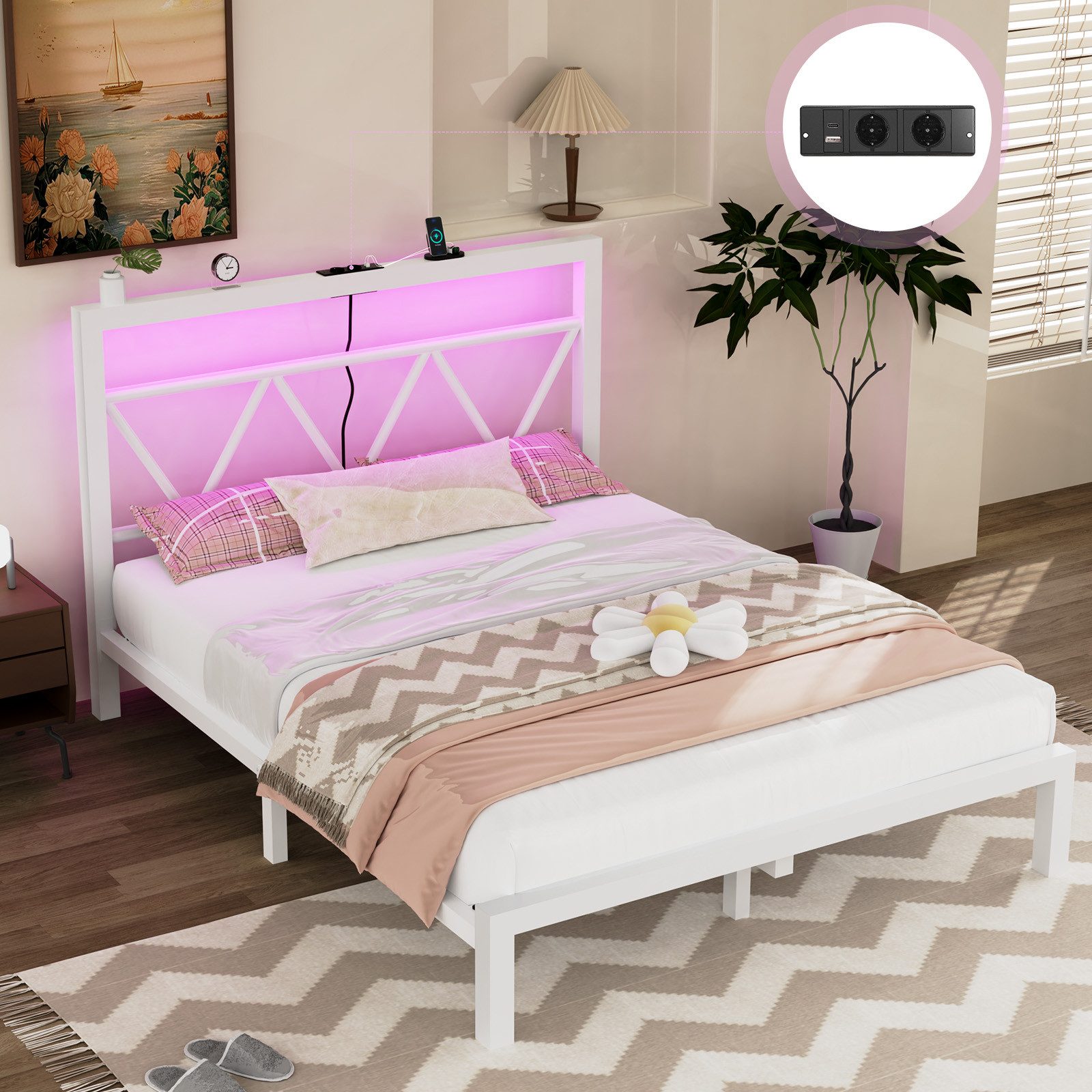 oyajia Metallbett Bettgestell mit LED-Beleuchtung, 90x200/140x200/160x200cm (mit aufladen USB Ladefunktion Kopfteil, 2AC + USB & TYPE-C,Minimalistischer), Ohne Matratze, Reichweite Speicher, Weiß