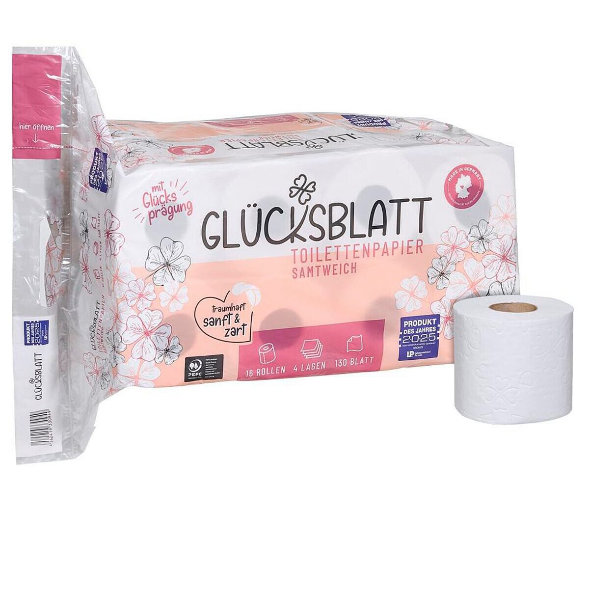 Glücksblatt Toilettenpapier Tissue Samtweich, 4-lagig, mit Herzprägung, 16 Rollen, 130 Blatt/Rolle