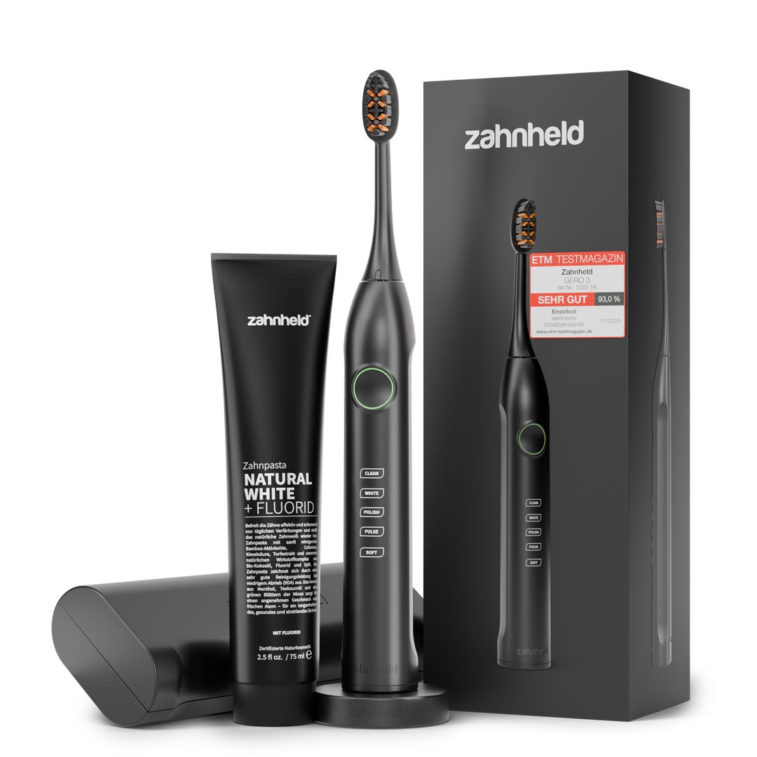 Zahnheld Elektrische Zahnbürste Schallzahnbürste Gero im Set mit Zahnpasta Natural White und Reiseetui, 5 Putzmodi, Zahnpflege Set, schwarz, Mundpflege, Reisezahnbürste, Zahnbürste mit Schall, USB Ladestation