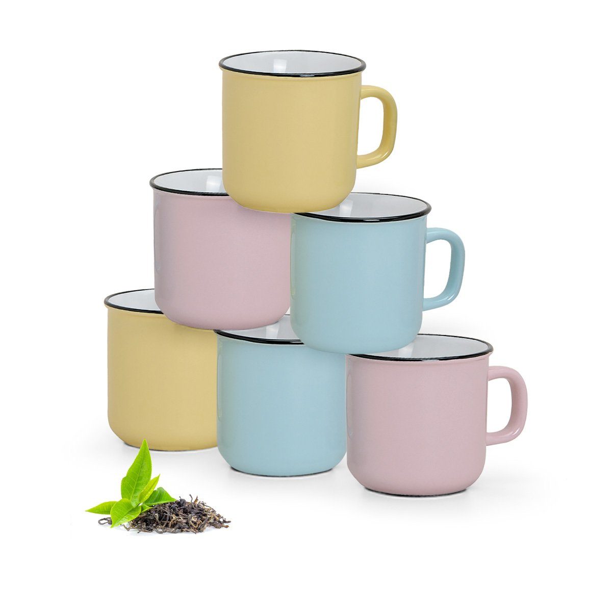 matches21 HOME & HOBBY Tasse Kaffeebecher 6er Set Emaille-Optik einfarbig Pastellfarben, Keramik, Tee Kaffee-Becher, modern Vintage, rosa gelb blau, 300 ml