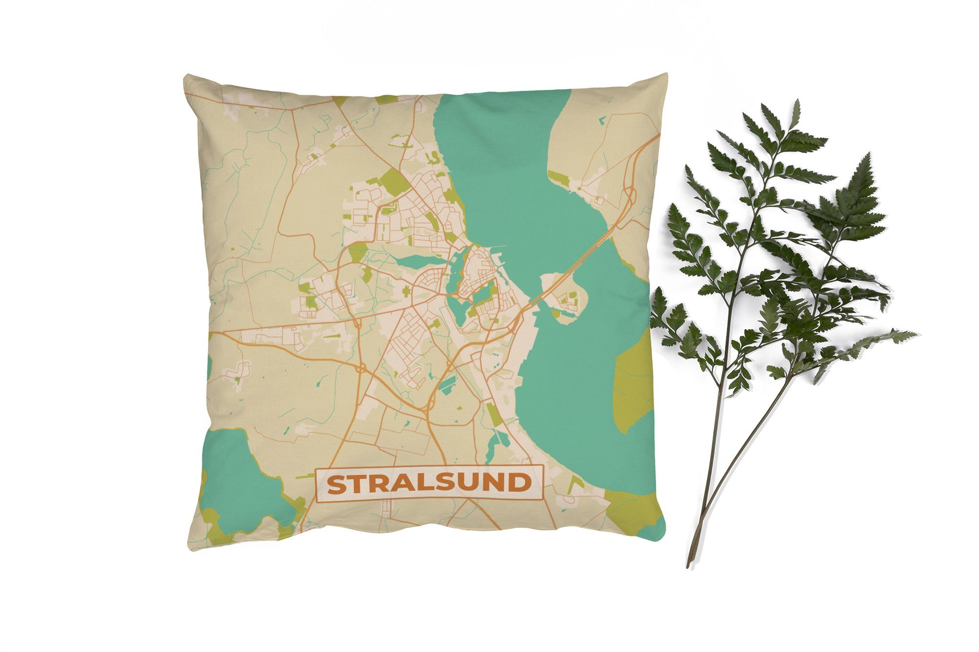 MuchoWow Dekokissen Stralsund - Karte - Vintage - Stadtplan, Zierkissen mit Füllung für Wohzimmer, Schlafzimmer, Deko, Sofakissen
