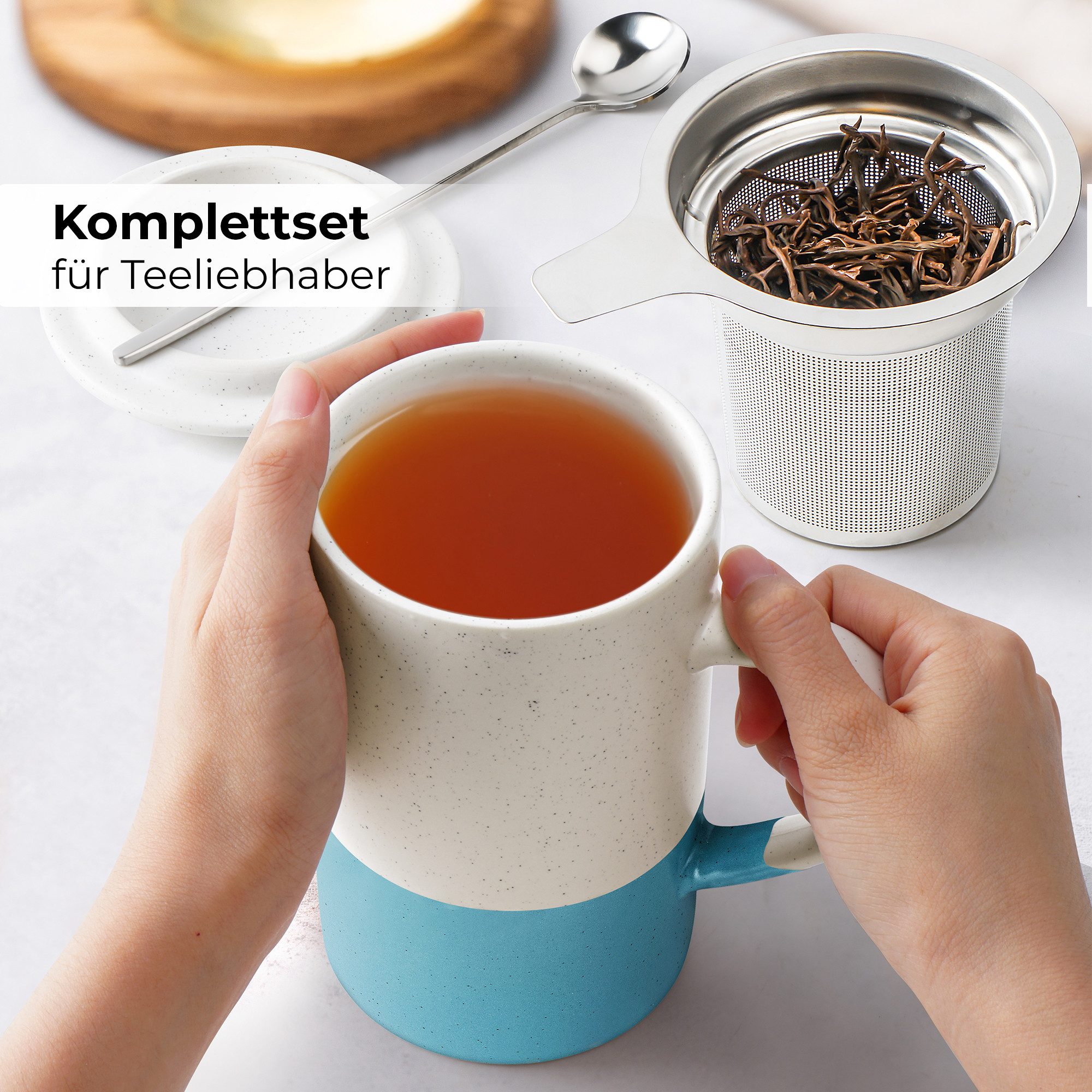 MiaMio Tasse für losen Tee mit Siebeinsatz und Deckel, Blau, 2-tlg., Keramik, 500 ml je Tasse