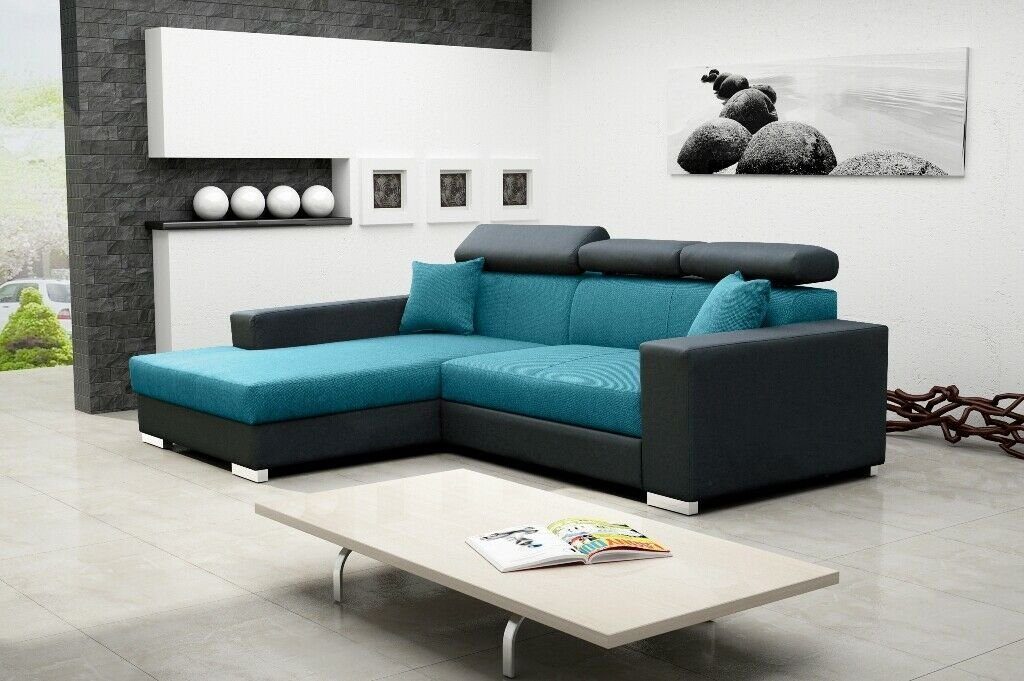 JVmoebel Ecksofa Schlafsofa Eck Sofa Couch Bettfunktion Polster Eck Garnitur Sofas, Mit Bettfunktion Blau/Grau