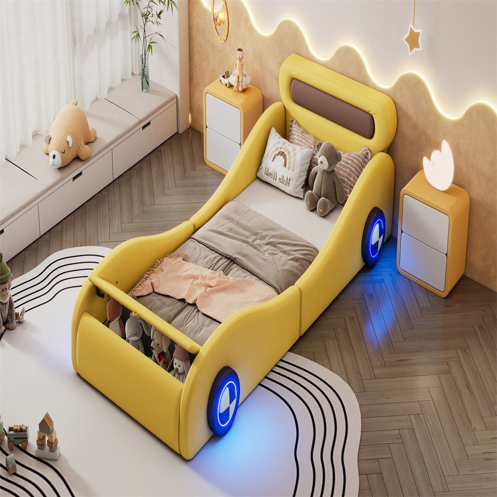 XDeer Youth Bed 90x200cm Single Bed, Children's Bed, Youth Bed, Upholstered Bed Car Shape with Light-Up Wheels Storage Space