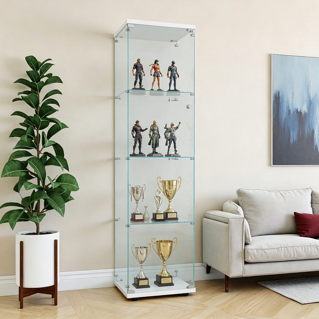 Simurq Glasvitrine Standvitrine aus gehärtetes Glas, Vitrinenschrank mit Glastüren (Glas vitrine mit 2 Glastür und 4 Lagen,Glasschrank mit Schloss) Sammlervitrine mit Kippsicherung,Modernes rahmenloses Design