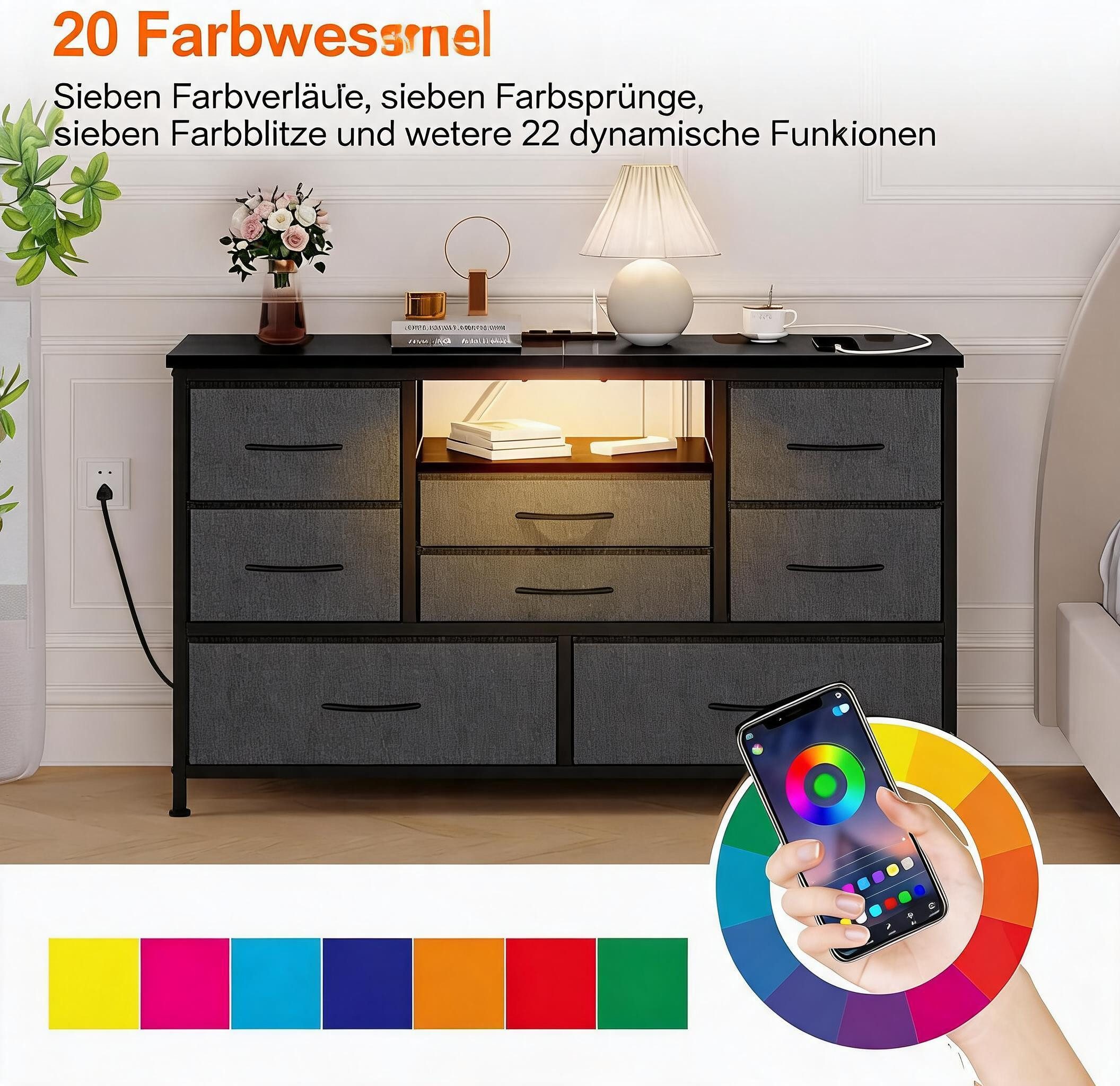 GarveeMore Kommode Kommode mit 8 Stoffschubladen, TV-Lowboard mit LED- Ladestation, Aufbewahrungsmöbel für Kinderzimmer