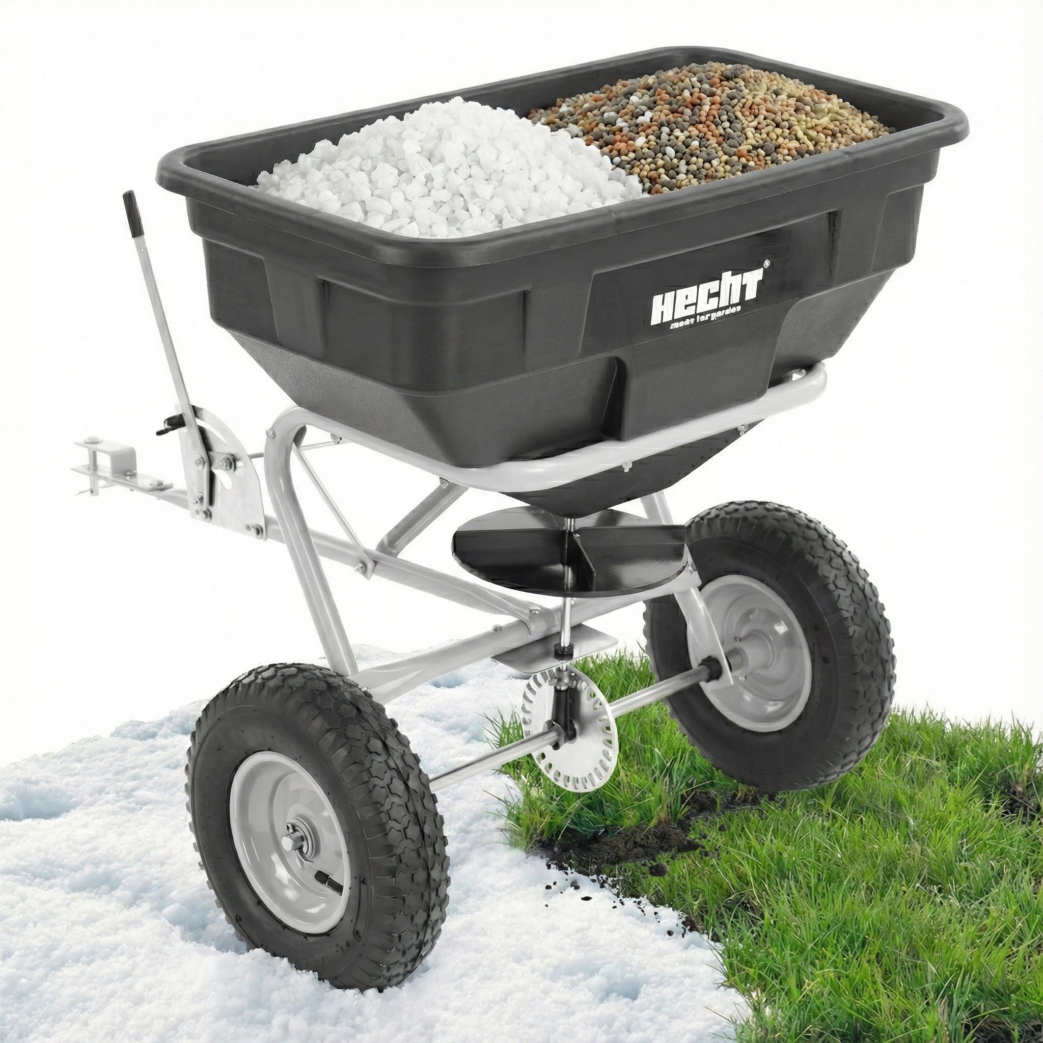 Hecht Streuwagen Anhänger für ATV, Rasentraktor, 60 Liter mit Streumengenregulierung, 60 l Füllmenge, mit Grobsieb, Regenabdeckung