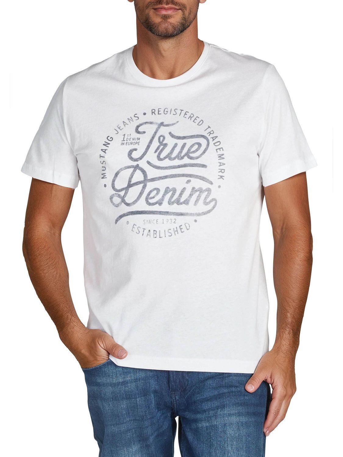 MUSTANG T-Shirt Herren Printshirt Regular Fit (1-tlg) Kurzarm Tee Shirt mit Rundhalsausschnitt aus 100% Baumwolle