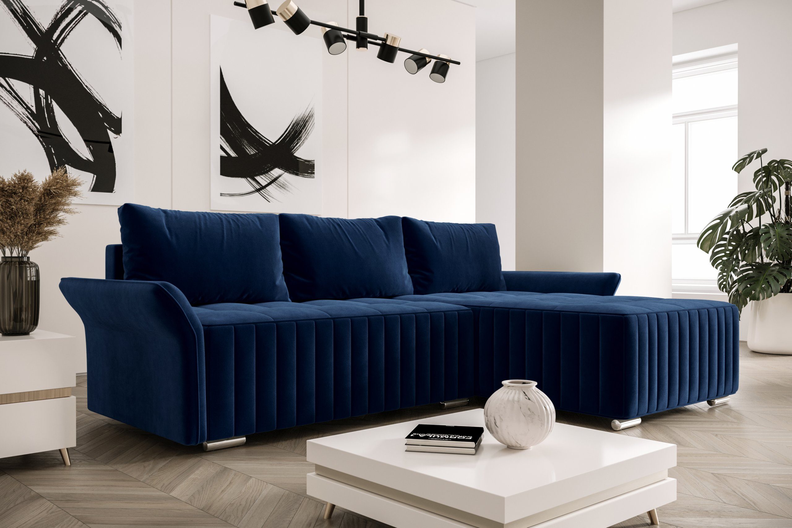 ROYAL24_MARKT Ecksofa Elegante Komfortzone Moderne Ecksofas, Flexibles Wohn-Set, Moderner Stil, Ausklapp-Automat, Rückenkissen inklusive Blau