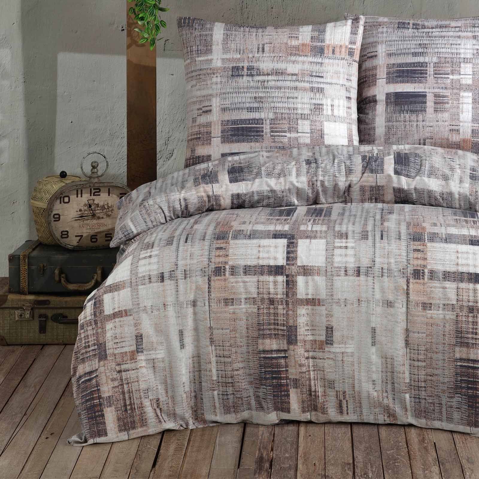 Bettwäsche, Buymax, Renforcé: 100% Baumwolle, 2 teilig, 135x200 cm, Bettbezug-Set mit Reißverschluss Karo Kariert, Braun Beige