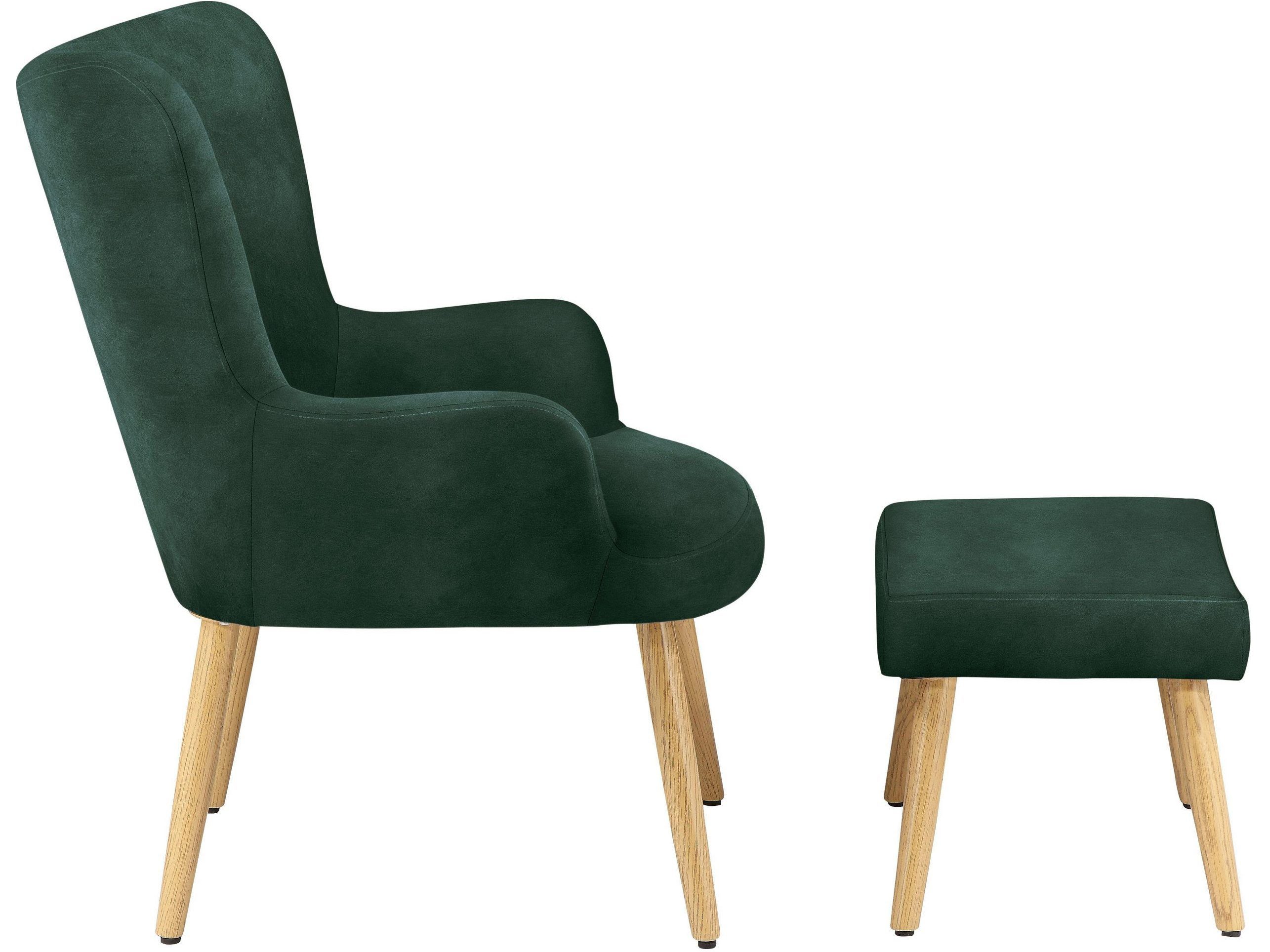 Sessel (2-tlg. dunkelgrün mit mit Knopfheftung, Holzbeine Fußhocker, Set, Cora loft24 Sessel Samtbezug, Hocker), mit Relaxsessel