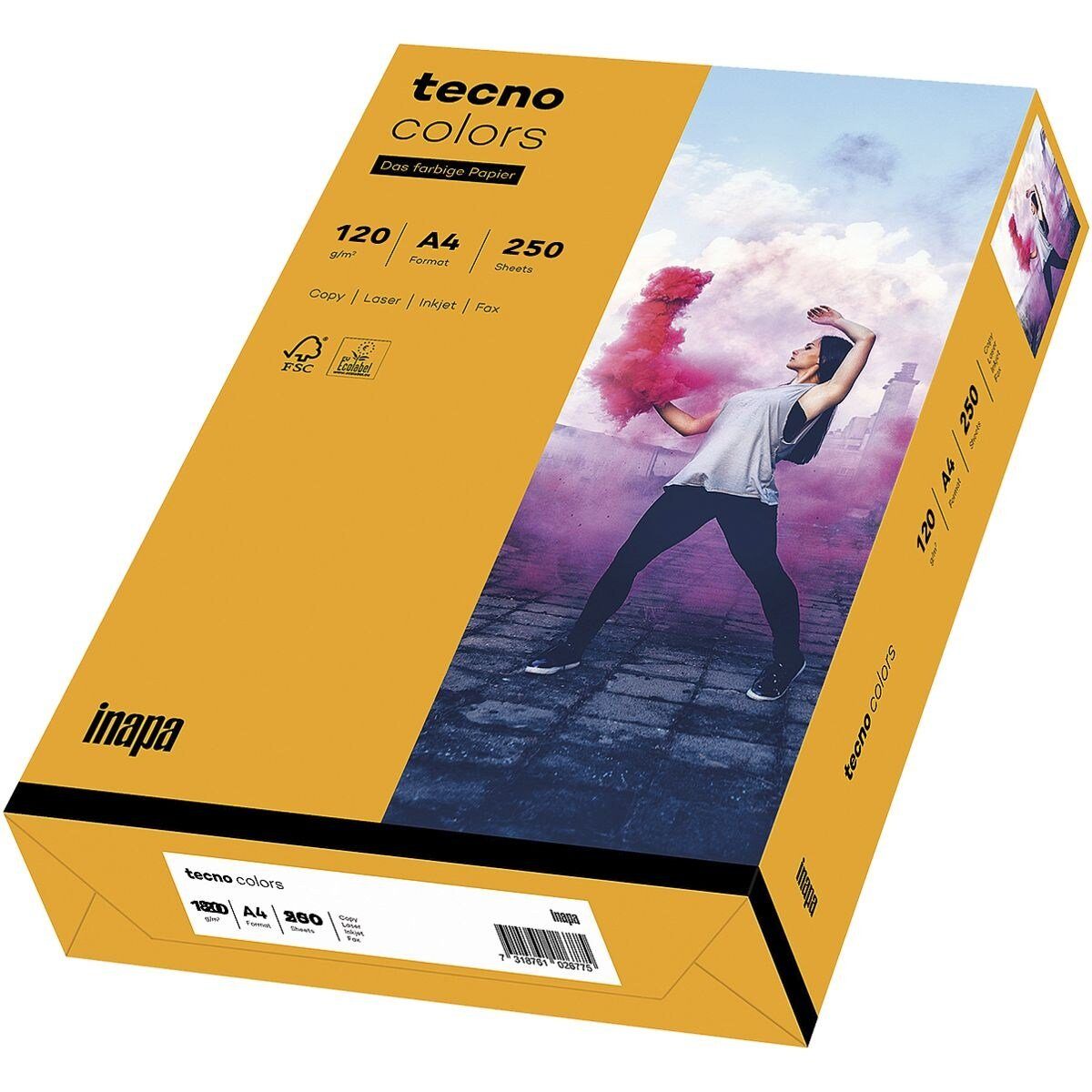 Inapa tecno Drucker- und Kopierpapier Rainbow / tecno Colors, Pastellfarben, Format DIN A4, 120 g/m², 250 Blatt mittelorange