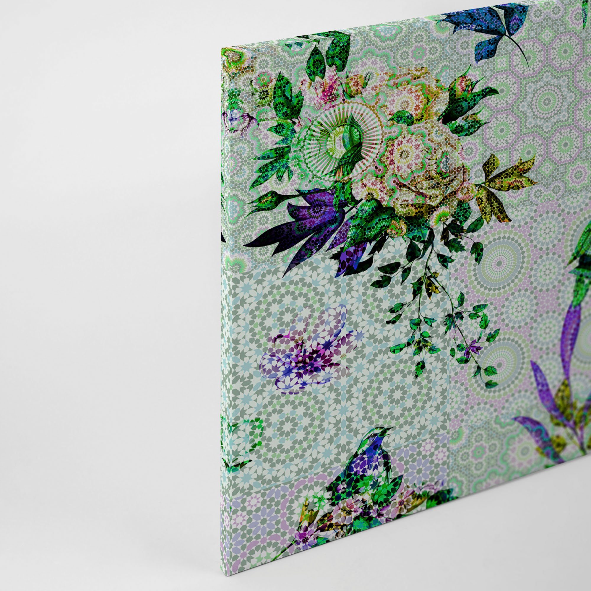 A.S. Création Leinwandbild mosaic garden, Keilrahmen Blumen Vögel Floral grün, blau Bild St), lila, Vögel (1 Mosaik