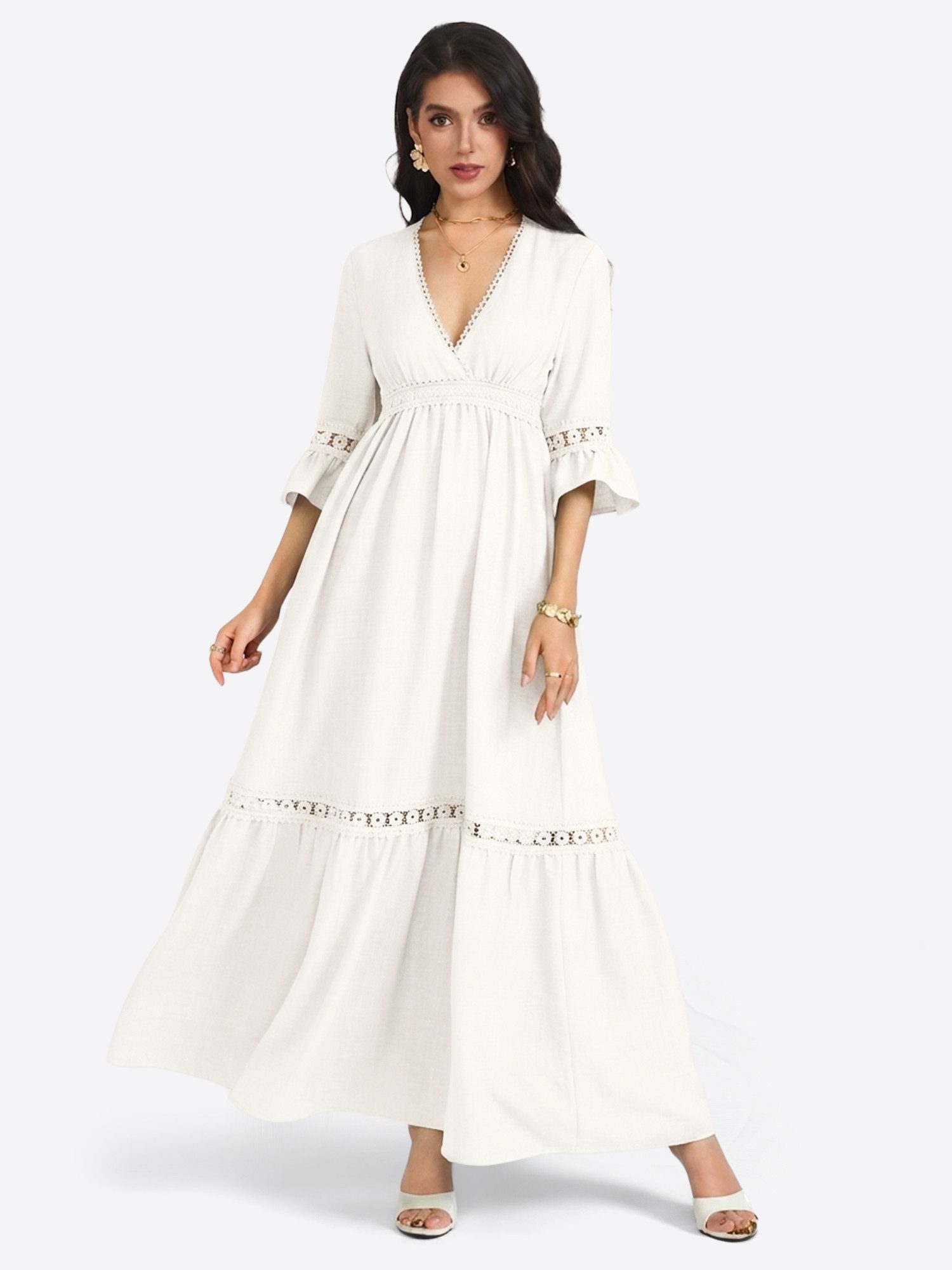 Imily Bela Maxikleid Damen Retro Freizeitkleid (Packung, 1-tlg., 1per-Pack) V-Ausschnitt