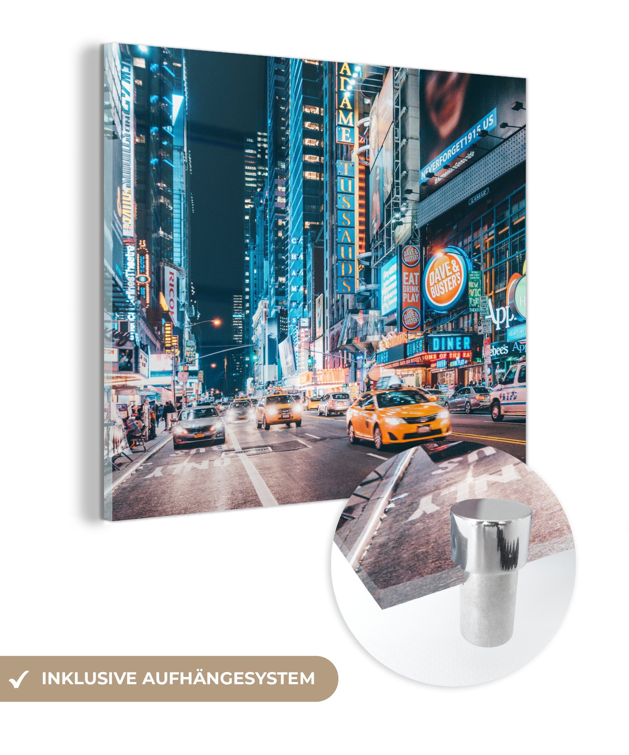 MuchoWow Acrylglasbild New York - Taxi - Times Square, (1 St), Glasbilder - Bilder auf Glas Wandbild - Foto auf Glas - Wanddekoration