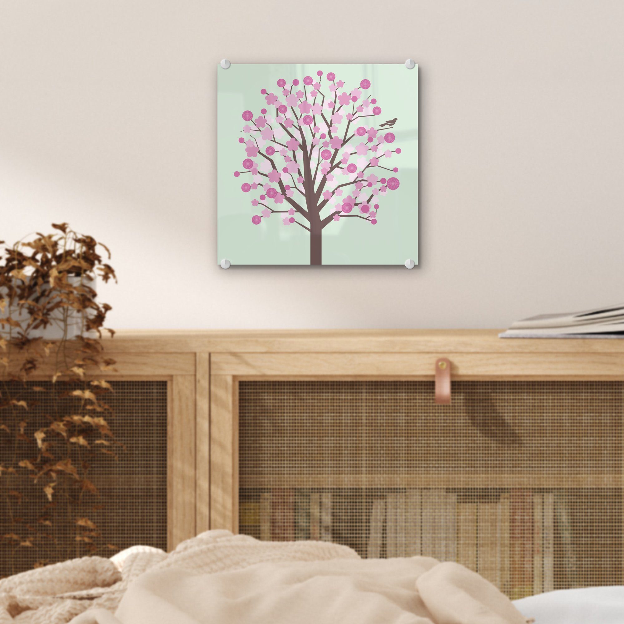 Glas Kirschblüte, auf auf Acrylglasbild auf - MuchoWow eines St), einer Bilder Wandbild - Wanddekoration (1 Foto Glas Glasbilder Illustration Vogels -