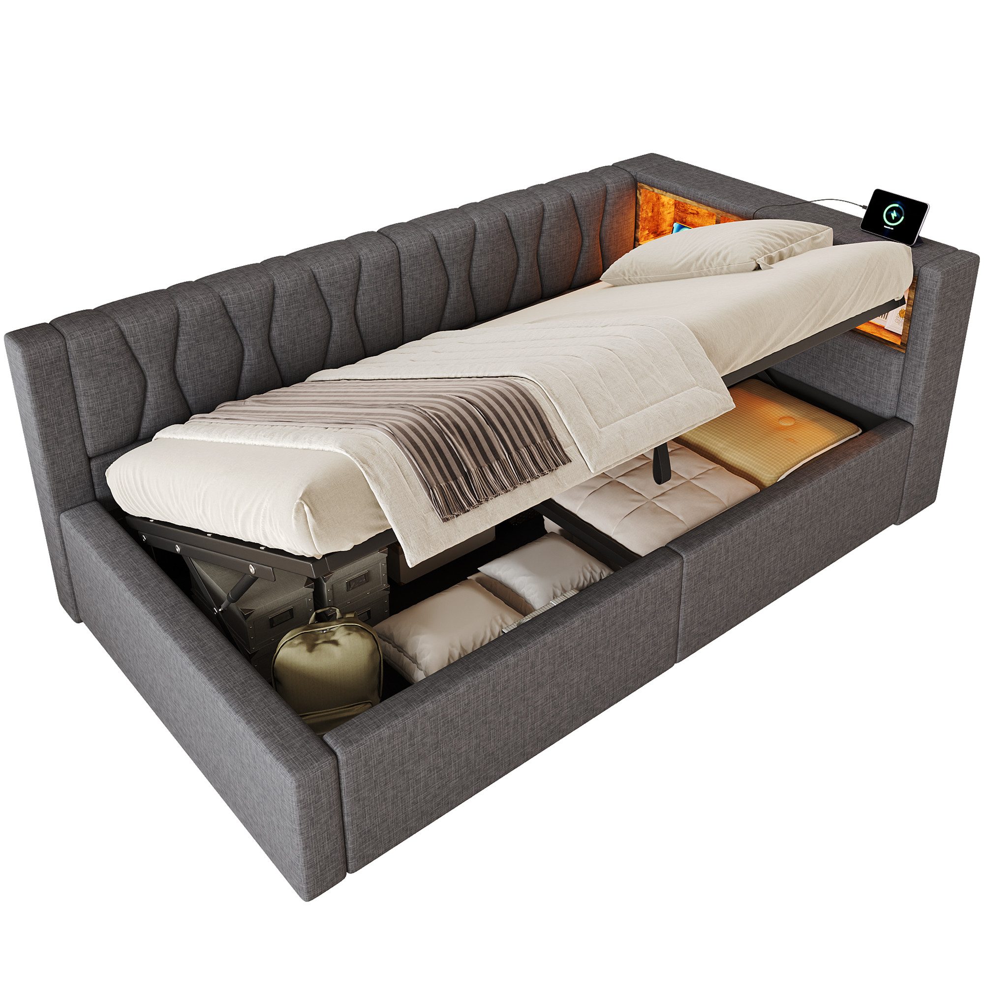 Ulife Daybett Tagesbett Schlafsofa mit dimmbarer LED‑Leiste und praktischem Regal, Hydraulische Lagerung mit USB‑Anschluss, 90 x 200 cm – Bild 3 von 5