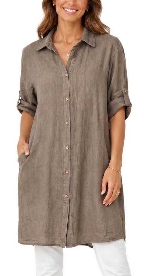 dy_mode Longbluse Damen Leinen Longbluse Sommer Hemdbluse Blusenkleid Luftige Tunika in Unifarbe, mit Knopfleiste