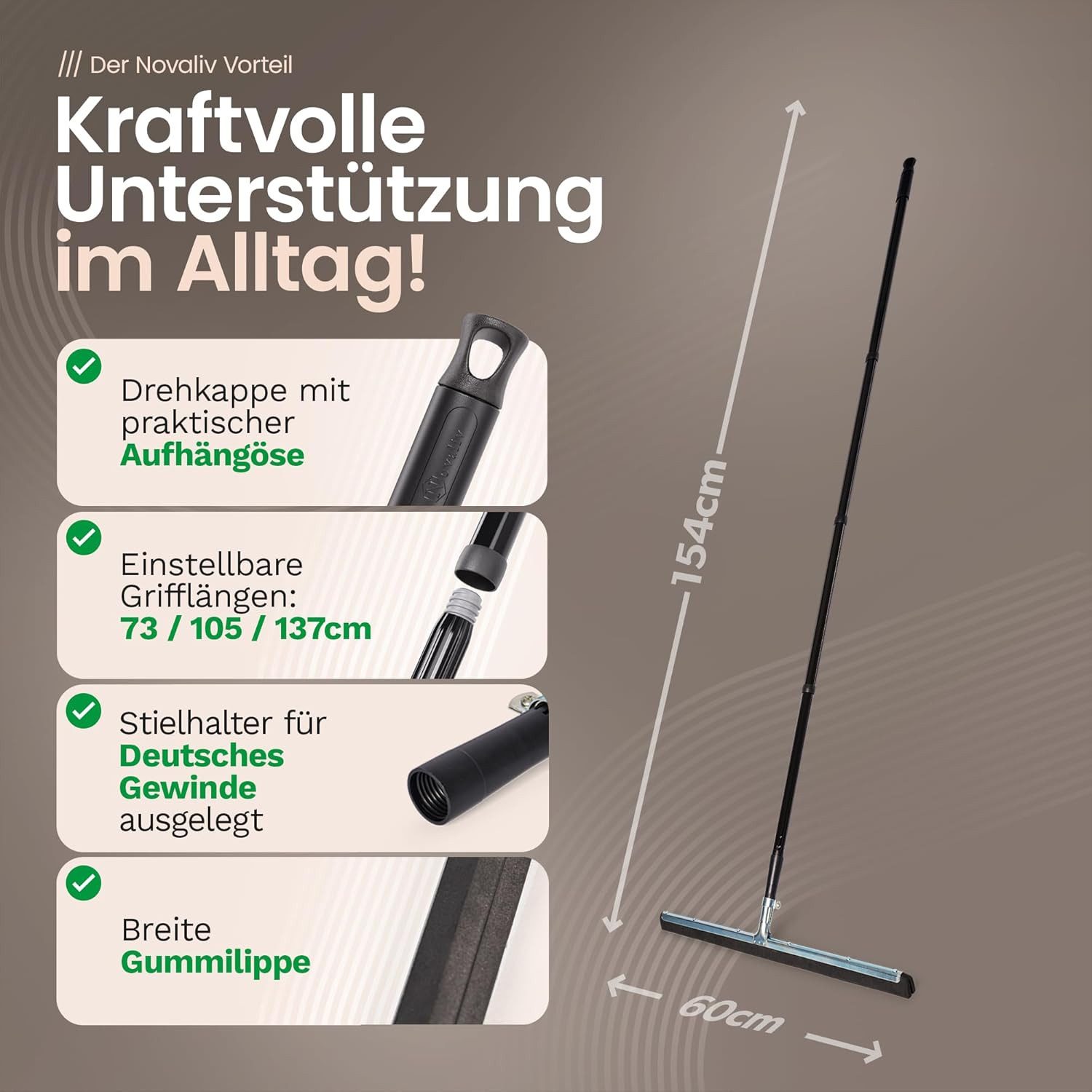 Novaliv Kehrgarnitur 20391-30656-20392-1x, (1-tlg), Novaliv Wasserschieber Bodenabzieher 60cm mit Stiel 137 cm Duschabzieh