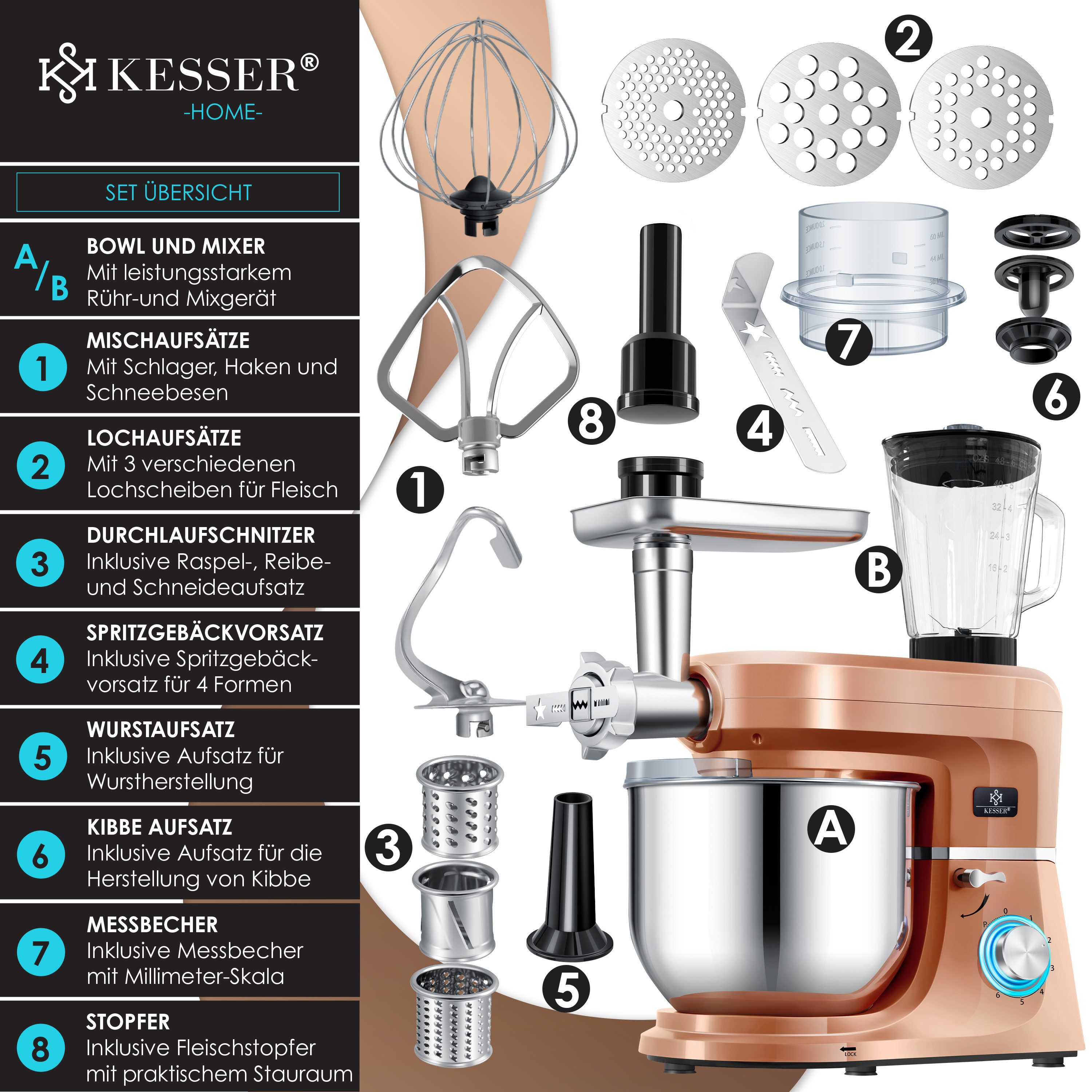 KESSER Küchenmaschine, Universal Küchenmaschine K-KM 3000 mit Fleischwolf Knetmaschine 5,5L