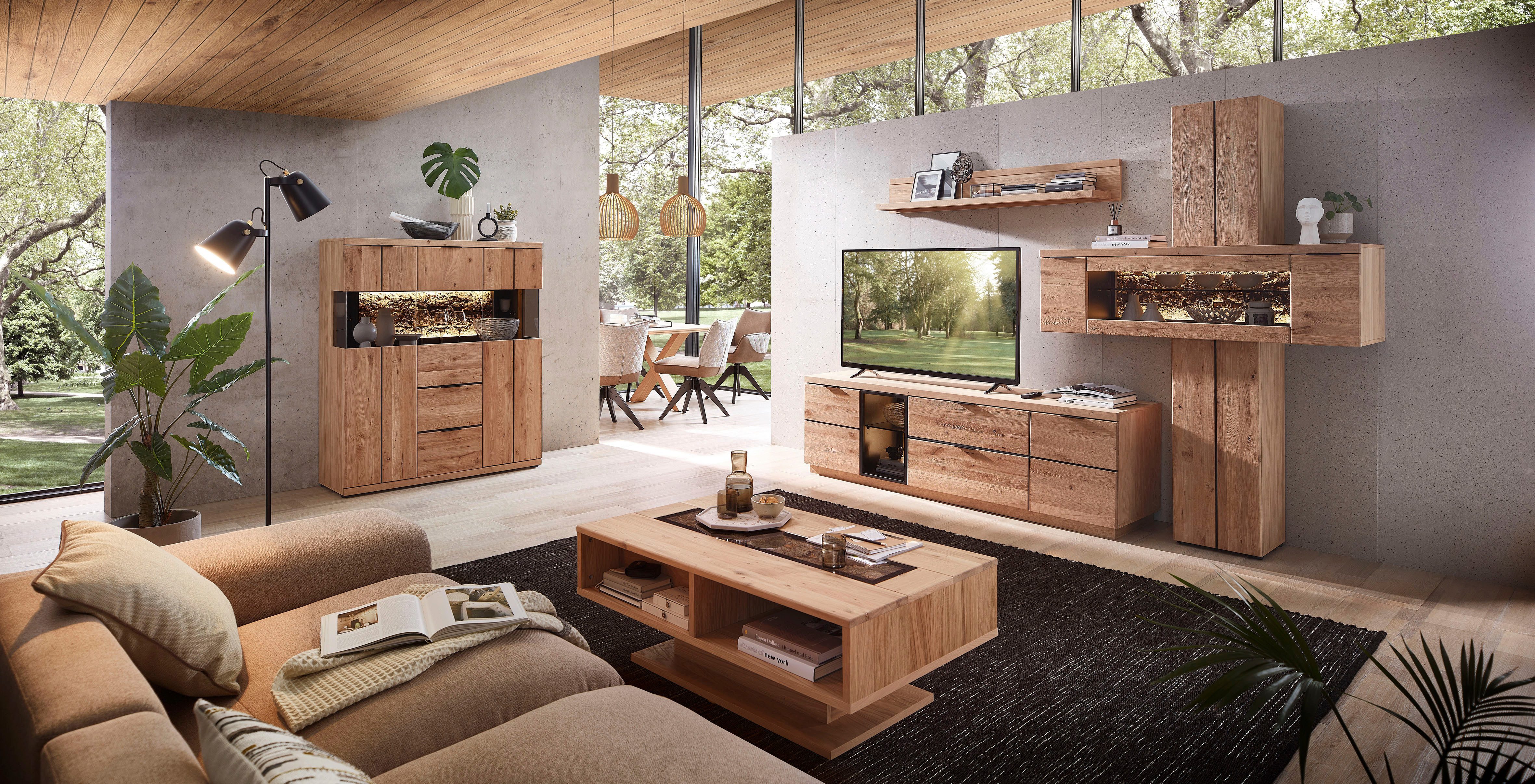 Innostyle Wohnwand Donna Wohnwand, 303x203x50 (BxHxT) Echtkork Absetzung, (3-St), Beleuchtung optional Softclose, Satuelement L/R verwendbar