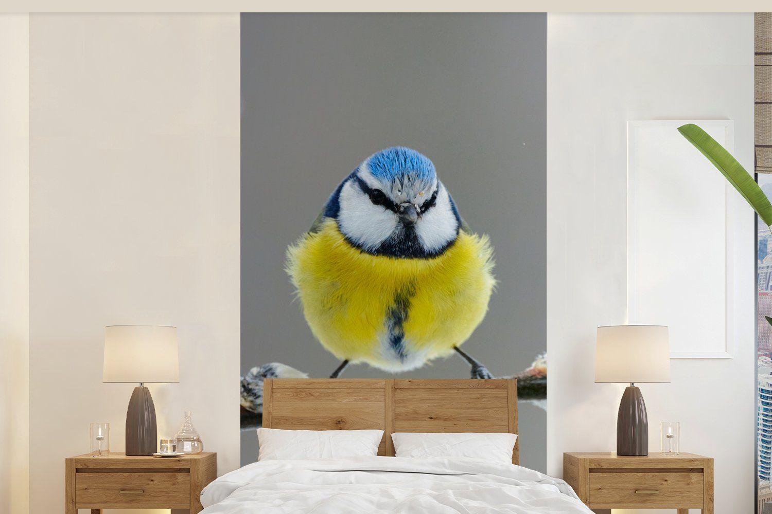 MuchoWow Fototapete Blaumeise - Vogel - Zweig - Gelb - Blau, Matt, bedruckt, (2 St), Vliestapete für Wohnzimmer Schlafzimmer Küche, Fototapete