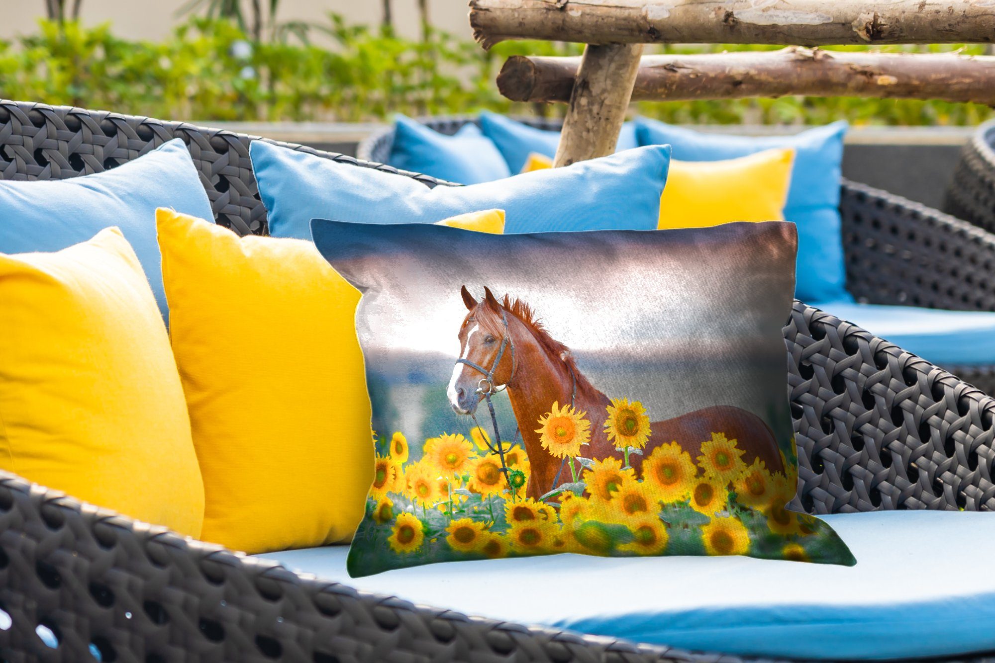 MuchoWow Dekokissen Pferd - Sonnenblume Himmel Kissenhülle Pastell, Polyester, - - Dekokissenbezug, Outdoor-Dekorationskissen