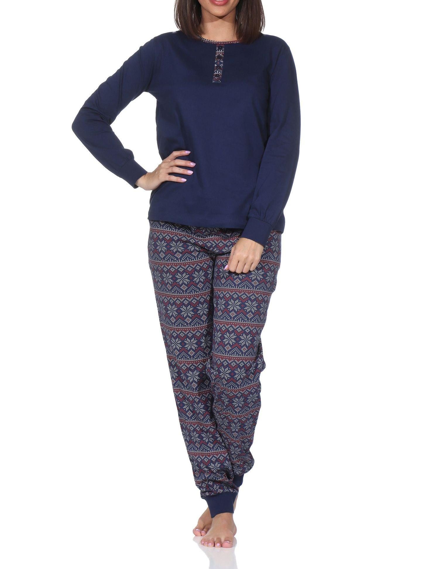 Pyjama Damen Schlafanzug lang mit Bündchen im Ethnolook - auch in Übergrößen