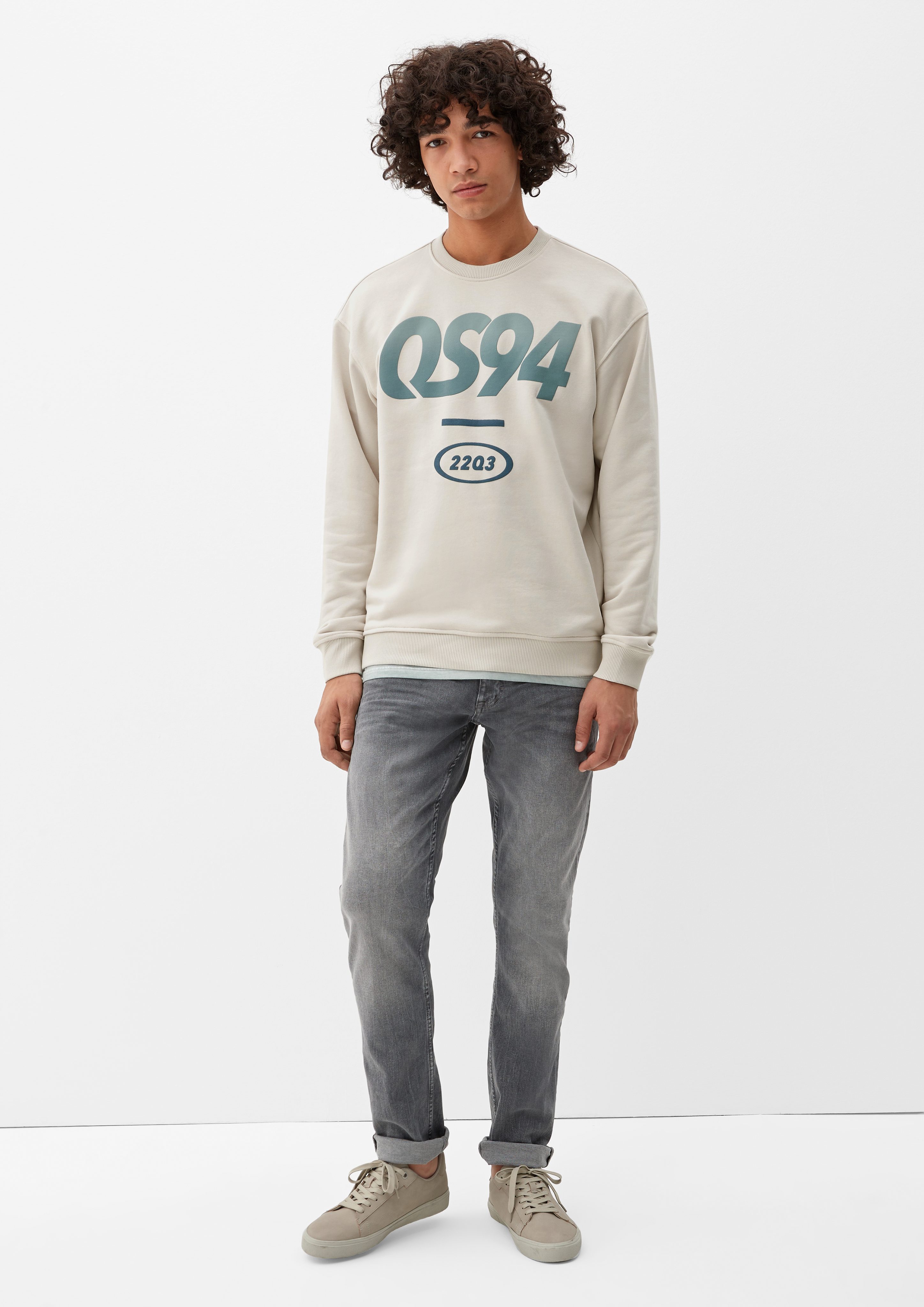 Rippblende, Sweatshirt wollweiß Rippbündchen QS Frontprint Sweatshirt mit