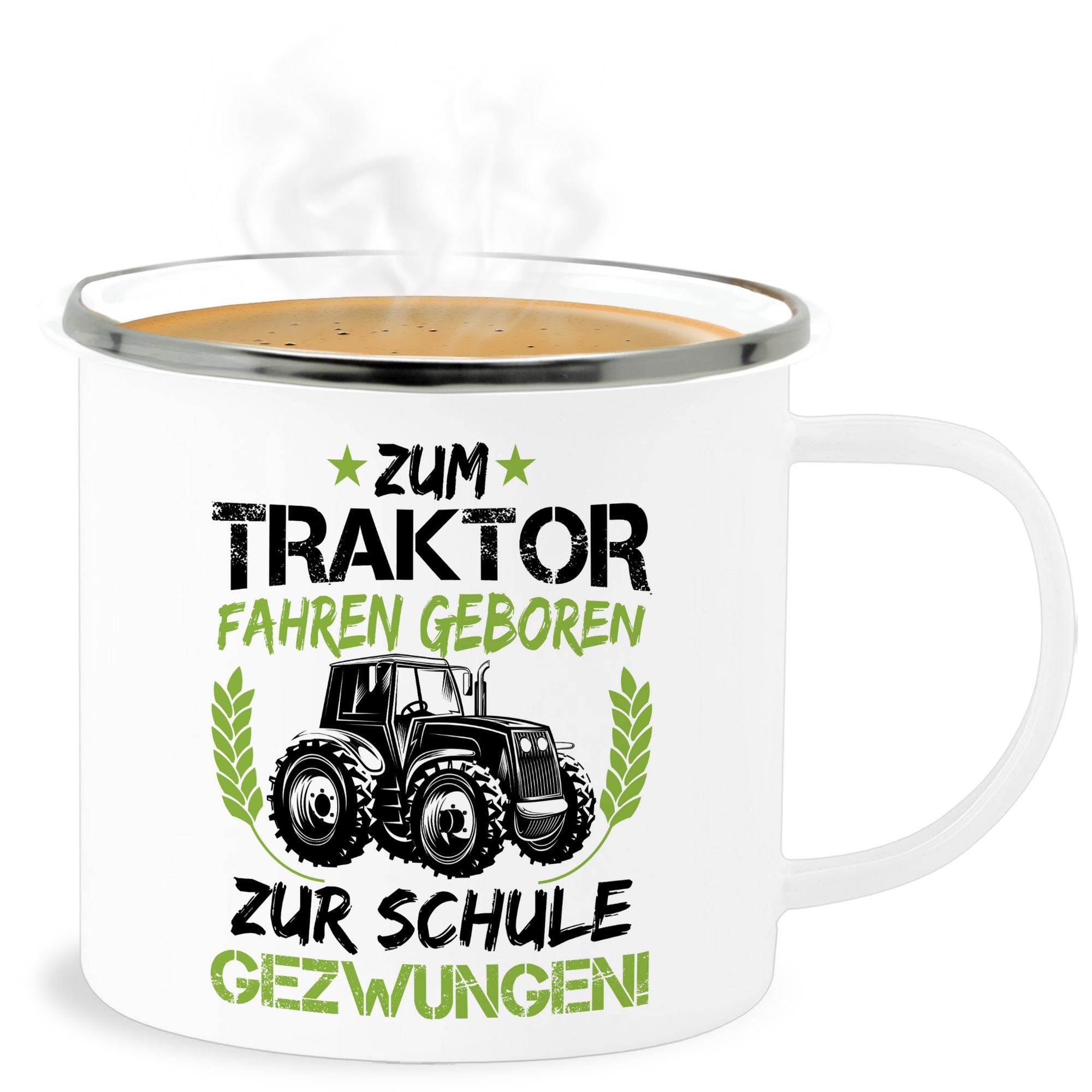 Schule geboren gezwungen Weiß Geschenk Einschulung Stahlblech, Grün/Schwarz, Zum Tasse Becher Traktor Shirtracer fahren Silber 2 zur