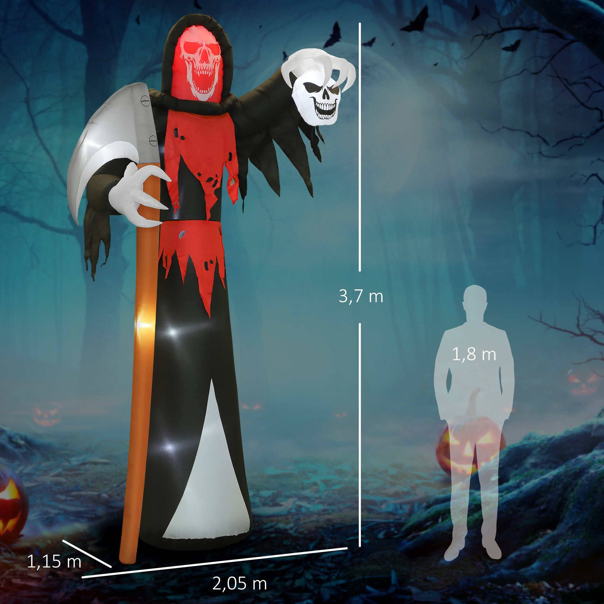 Outsunny LED-Dekofigur Halloween-Dekoration 3,7 m riesiger Sensenmann selbstaufblasend (Aufblasbarer Halloween-Sichelgeist, 1 St., Halloween-Todessichel), für d – Bild 3 von 5