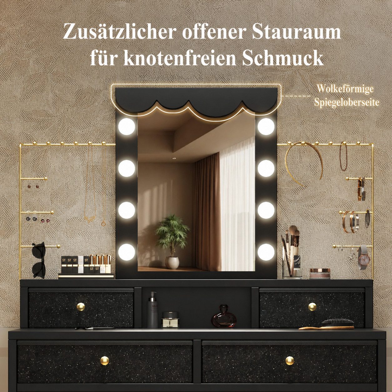 Patbrela Schminktisch mit beleuchtetem Spiegel, mit 3 Lichtmodi für Schlafzimmer, Seitliche Schmuckaufbewahrung