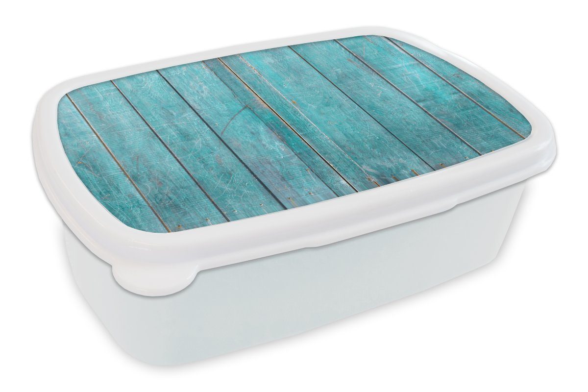 MuchoWow Lunchbox Holzstruktur mit türkisfarbenem Anstrich, Kunststoff, (2-tlg), Brotbox für Kinder und Erwachsene, Brotdose, für Jungs und Mädchen weiß