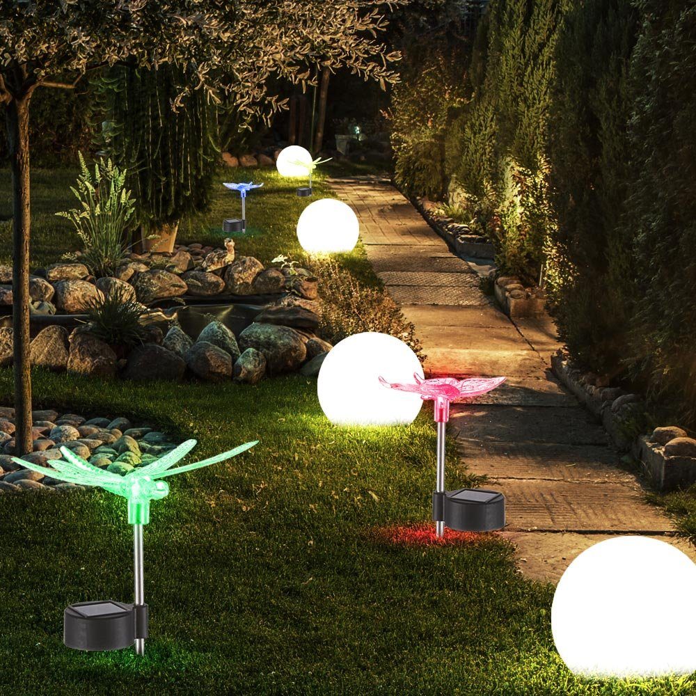 etc-shop LED Gartenleuchte, LED-Leuchtmittel fest verbaut, 8x LED Solar Steck Leuchten Kugel RGB Farbwechsel Libelle