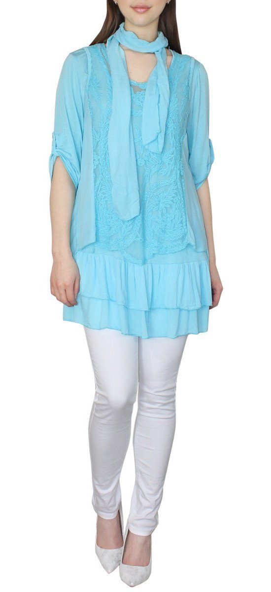 Damen Volant dy_mode Spitzen Shirt Top 3-tlg. TU018-Blau Unifarbe, Tunika Longshirt 3-tlg. Tunikashirt mit in und