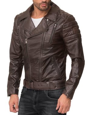 Reichstadt Bikerjacke Biker Style Kunstleder Jacke RS003 Schwarz Silver Zipper (1-St) mit Gürtel und Steppmustern