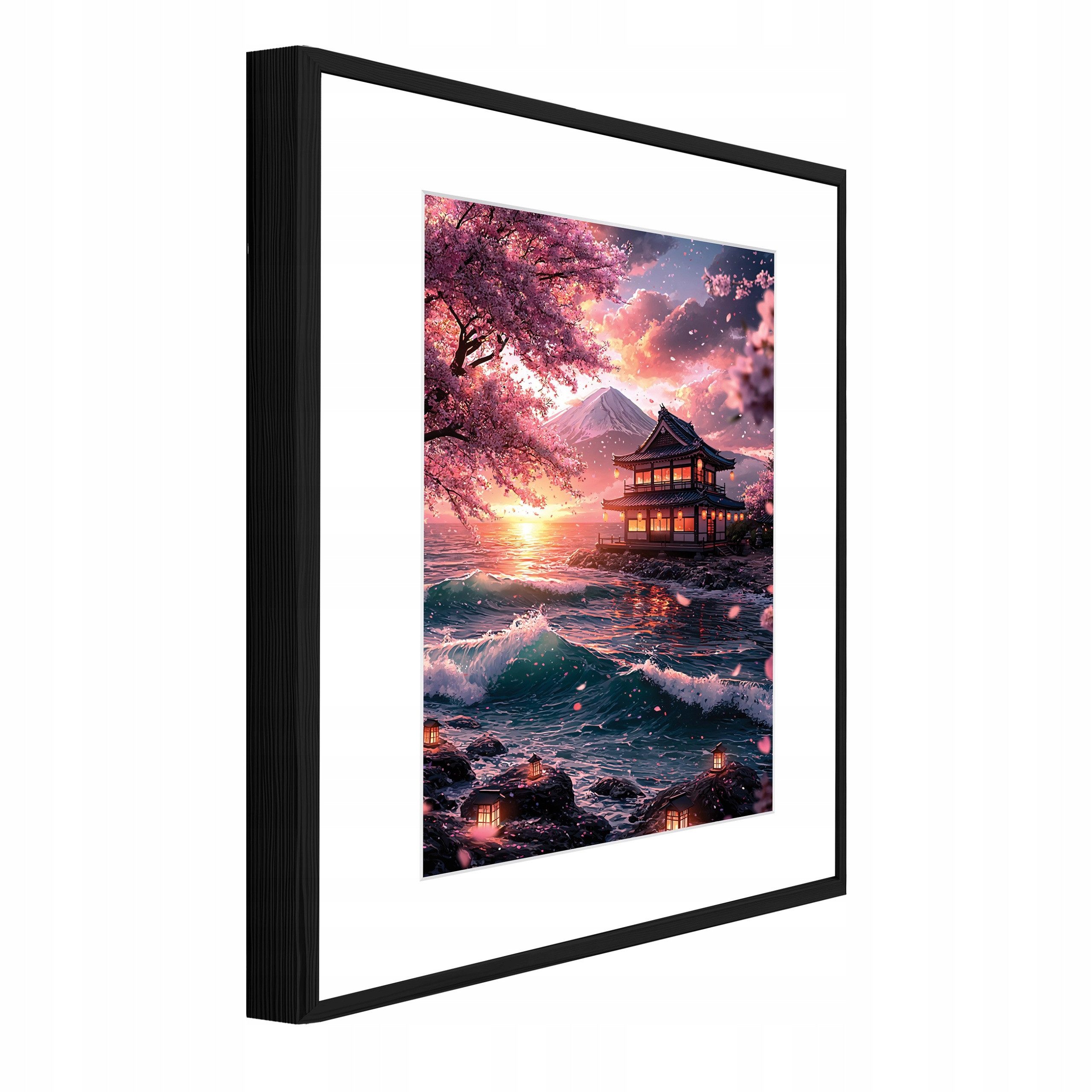 Wallarena Wandbild Fuji und Kirschblüten mit Passepartout im Bilder Wohnzimmer Wandbild, Fuji, Tempel, Kirschblüten, Meer, Sonnenuntergang (Wandbild, 1 St), Bilder mit Rahmen Wohnzimmer Schlafzimmer Wandbild Wanddeko 30x40 cm