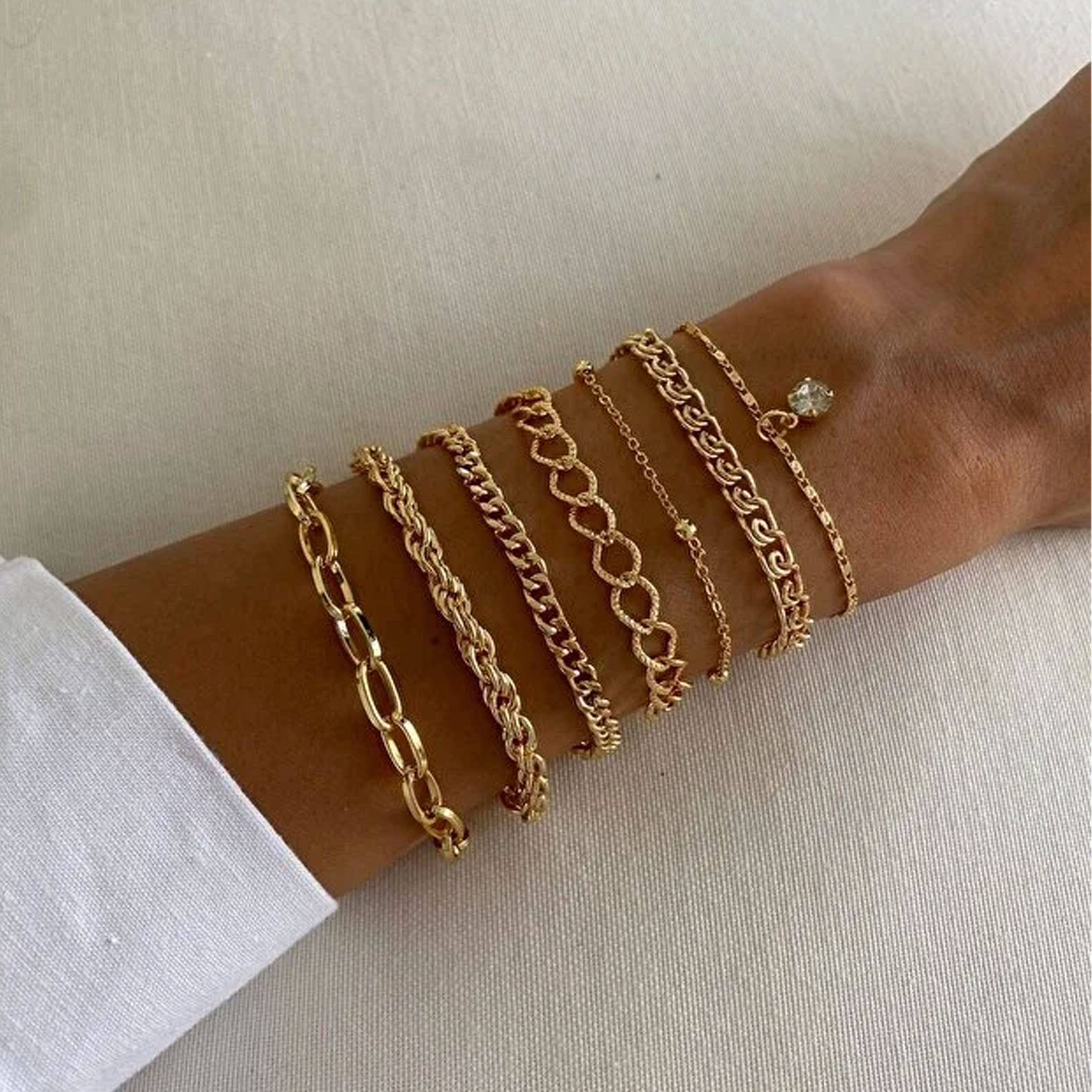 Jungengel Armband Set Set Gold Layering Damen Schmuck Mehrreihig 7-teilig Gliederarmband (Set, 7-tlg., separat tragbar, inklusive Geschenkbox, 7 einzelne Armbänder), 7-teiliges Layering Armband Set in Geschenkbox