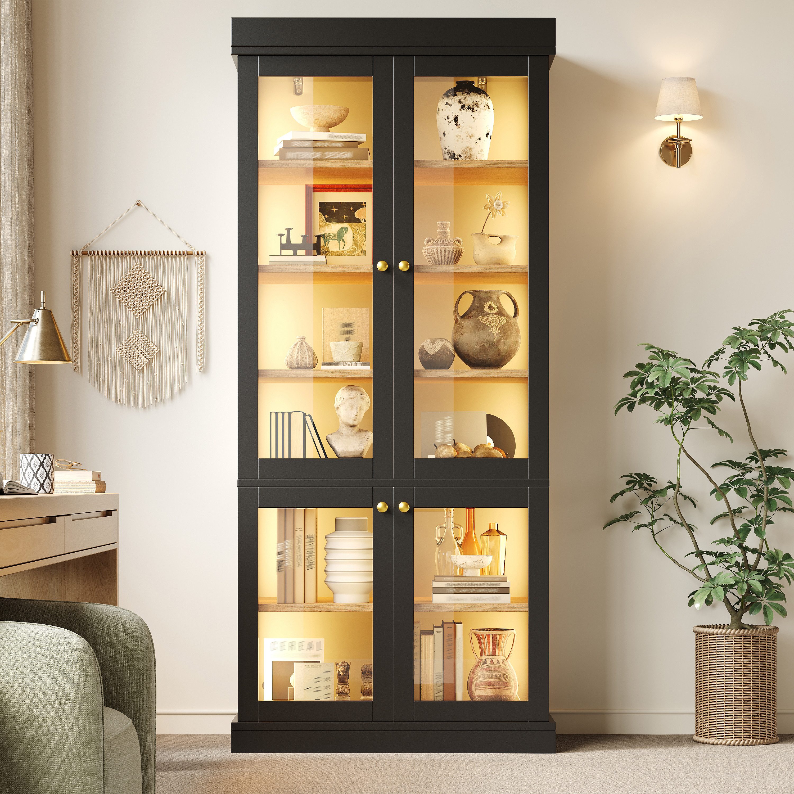 Celya Vitrine Moderner Standhochschrank mit integrierter LED-Stimmungsbeleuchtung (Glasvitrine, durchdachter Innenaufteilung und Kippschutz) stabil, sicher und vielseitig für Zuhause