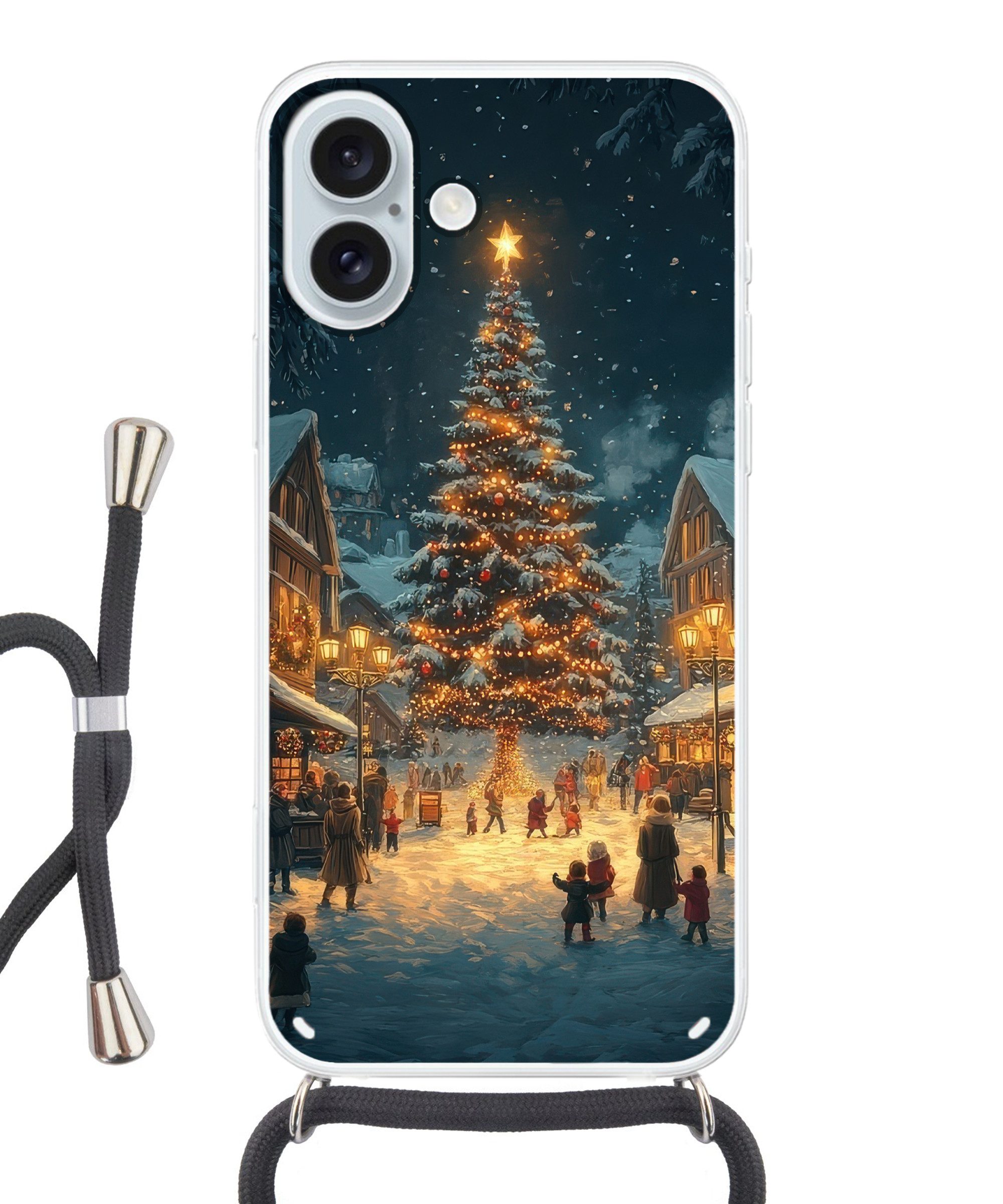 MuchoWow Handyhülle für Apple iPhone 16 Plus Weihnachtsfeier - Dorf - Dunkelheit, Tragbare Handyhüllen mit Kette zum umhängen, Handykette Handyband