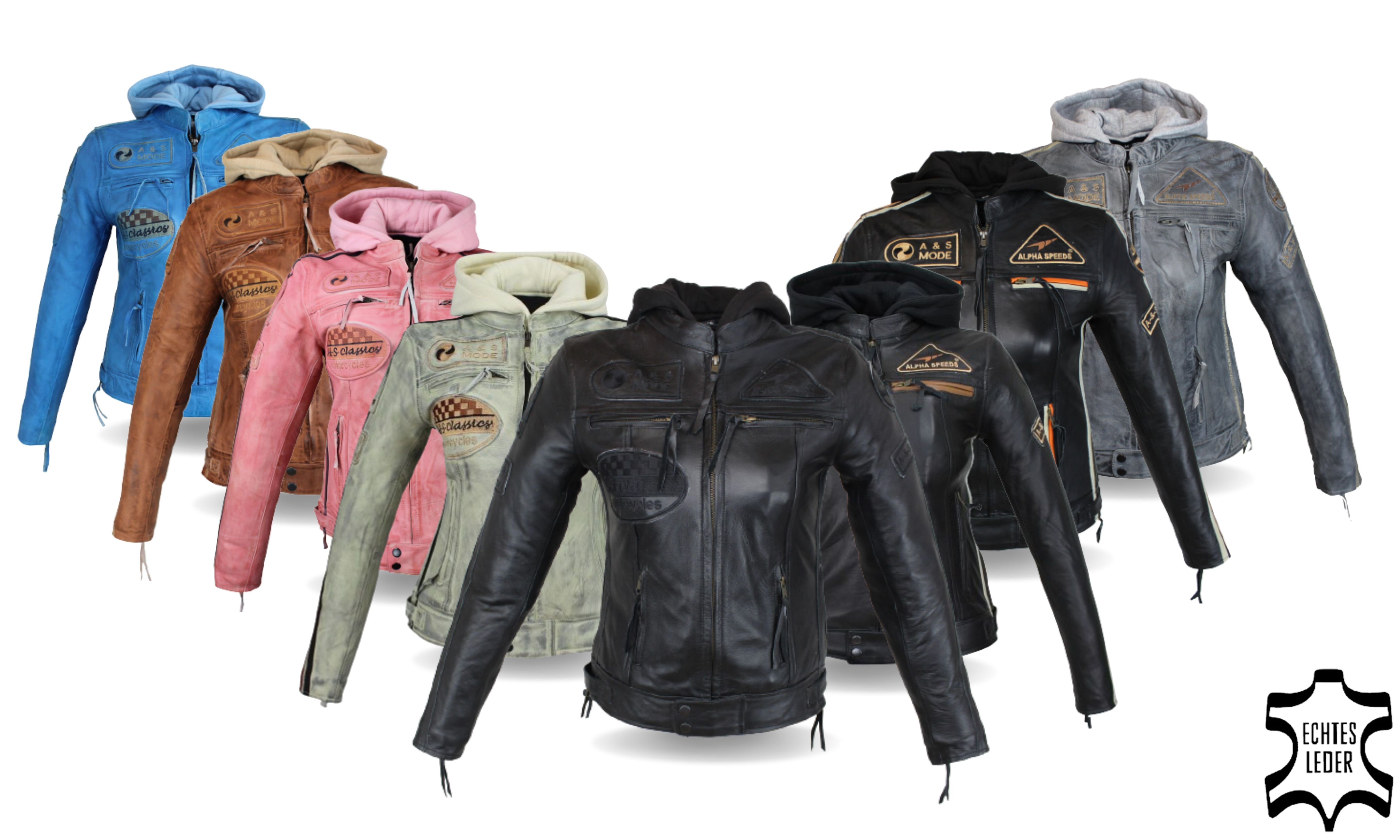 Alpha Speeds Motorradjacke Damen Lederjacke Freizeit Biker Highway Jacke (mit einem trennbaren Kapuze) aus einem weichem Lammleder, inklusive Protektoren Schwarz