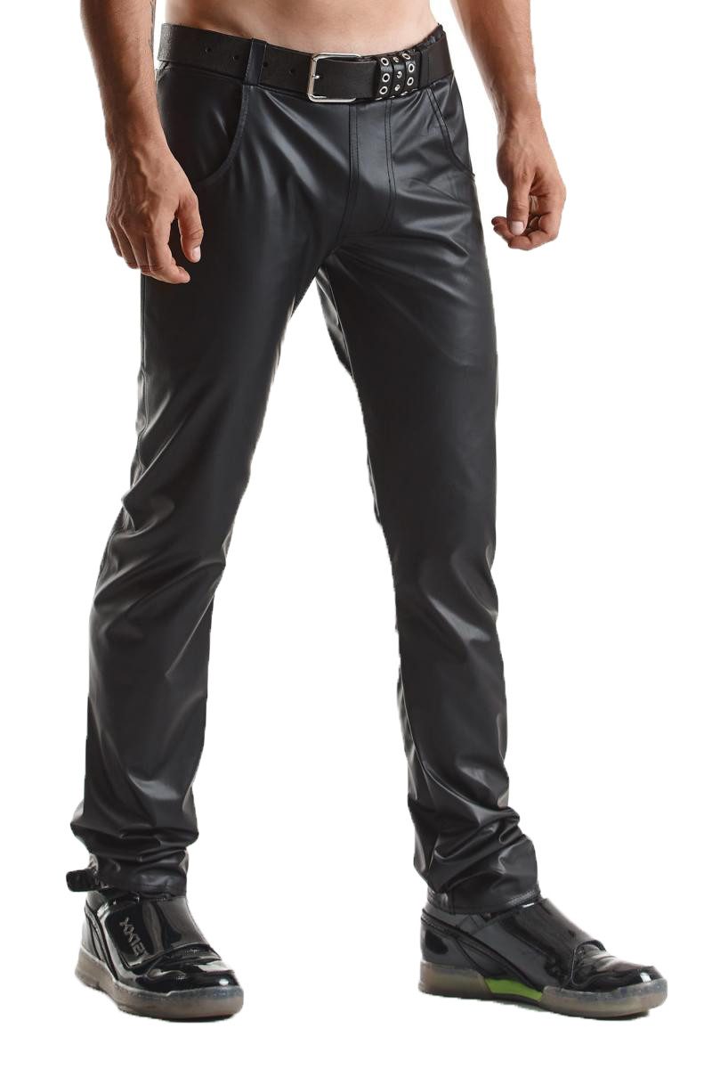Lederimitathose Lange Herren Hose schwarz aus elastischem Wetlook-Material matt und ti