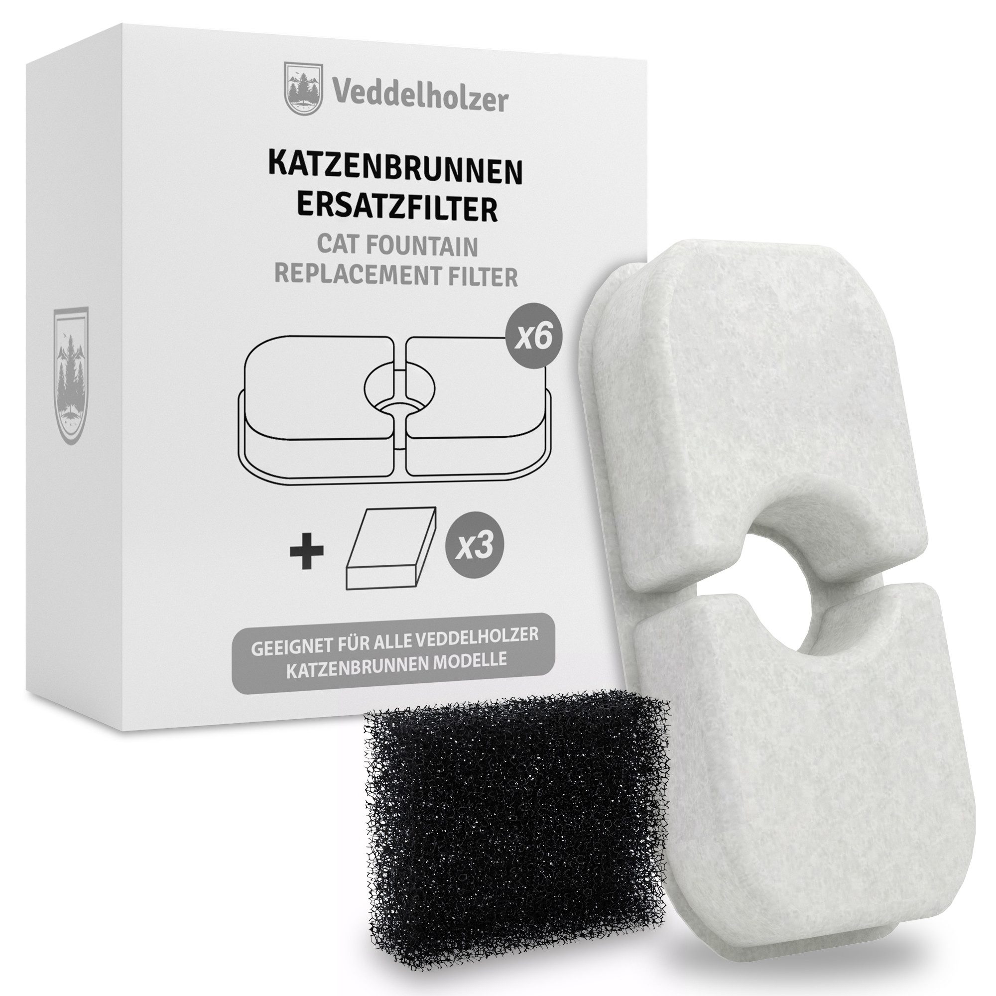 Veddelholzer Aktivkohlefilter 6 Stück Katzenbrunnen Filter + 3 Stück Ersatz Schwämme, Zubehör für Original Filter für alle Veddelholzer Katzenbrunnen Modelle, 4 Fach Filtration für sauberes Wasser